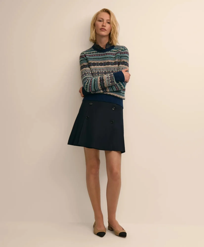 Wool Blend Button-Front Pleated Skirt - 1