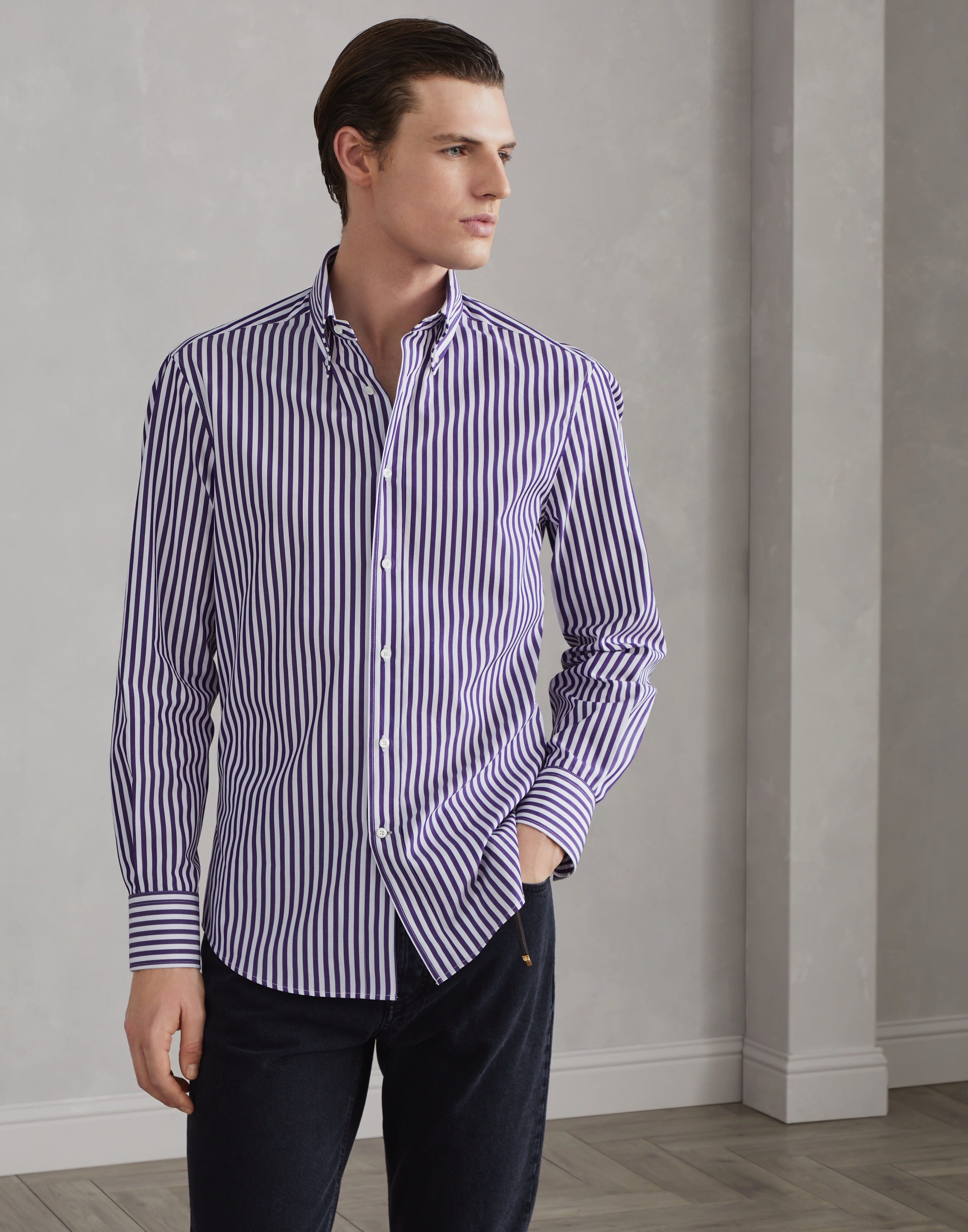 Striped poplin slim fit shirt with button-down collar - 1