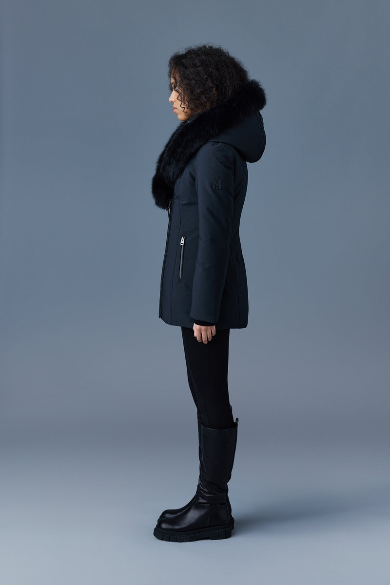 AKIVA down coat with blue fox fur trimmed hood 3