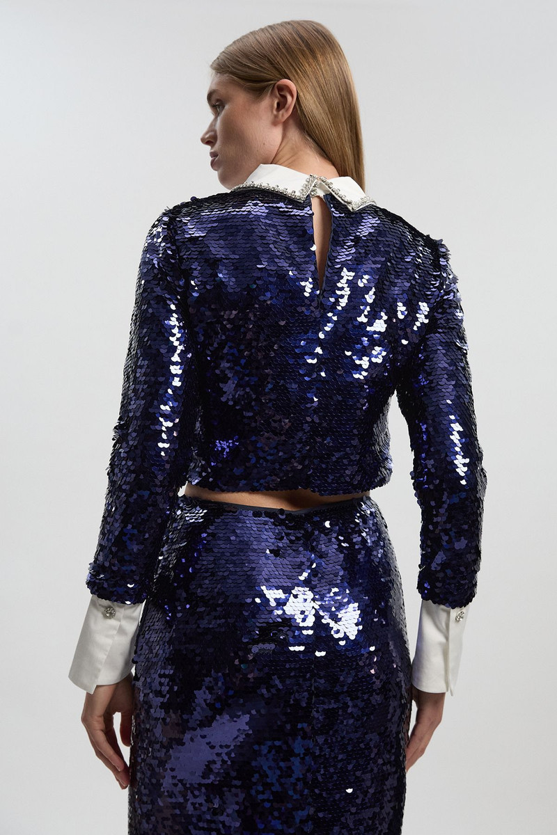 Sequin Woven Long Sleeve Woven Cropped Top 5