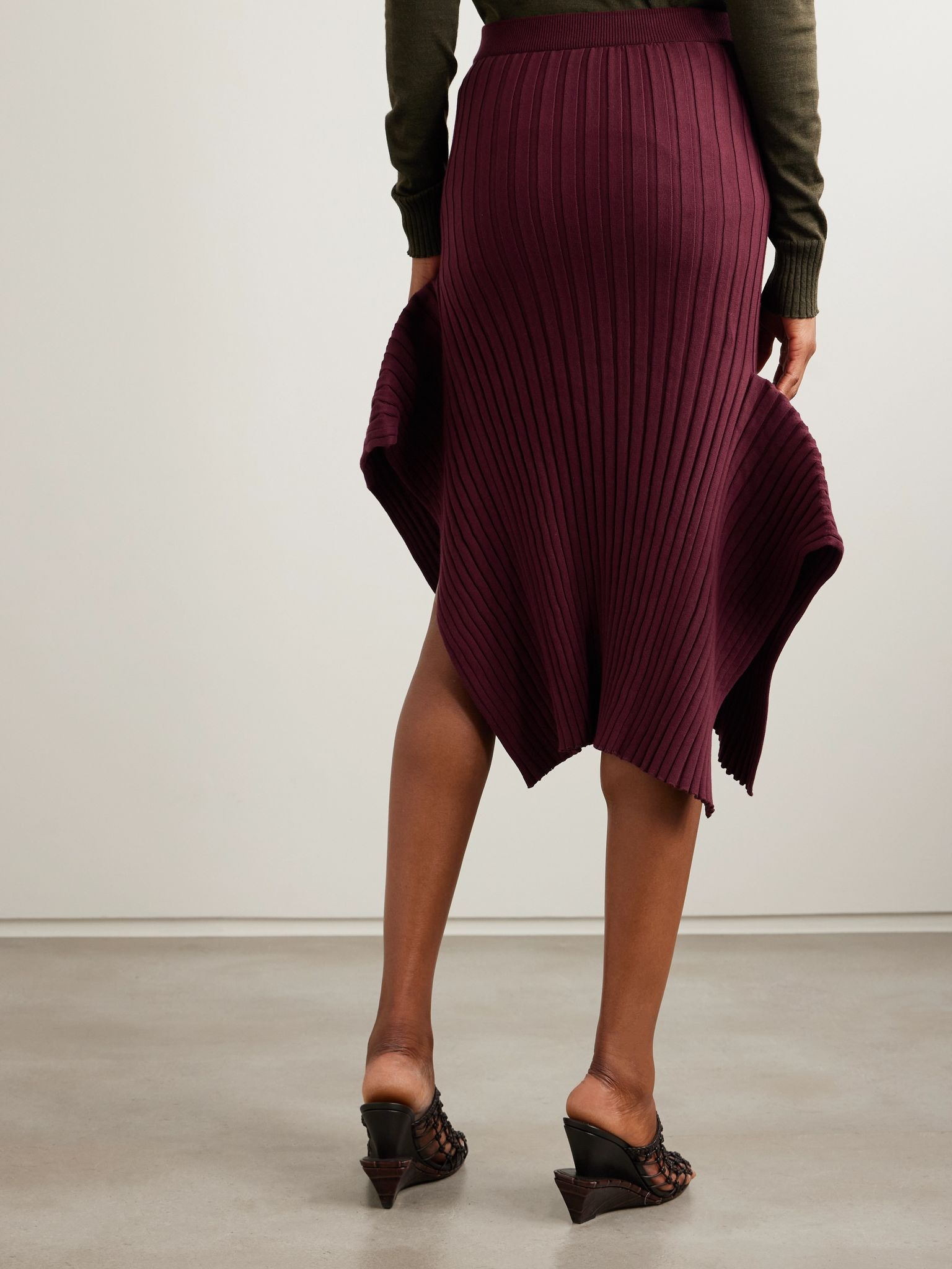 Asymmetric ribbed organic cotton midi skirt Burgundy - 4
