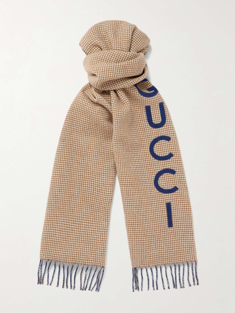 Reversible Fringed Logo-Print Houndstooth Wool Scarf 1
