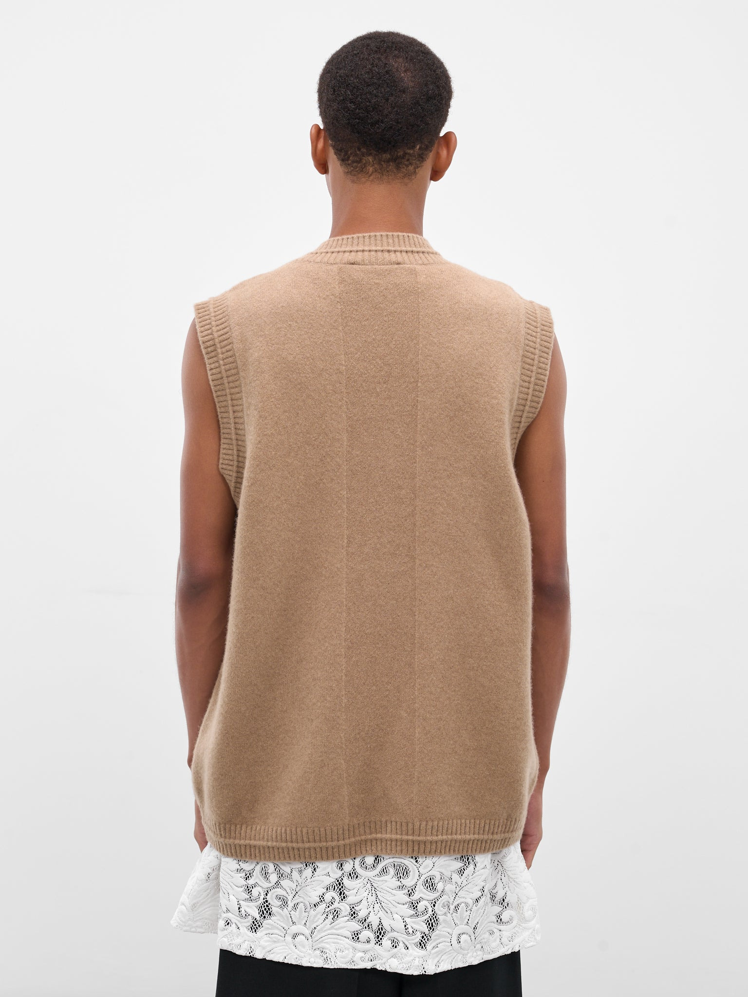 Beige Wool Knit Cardigan Vest - 3