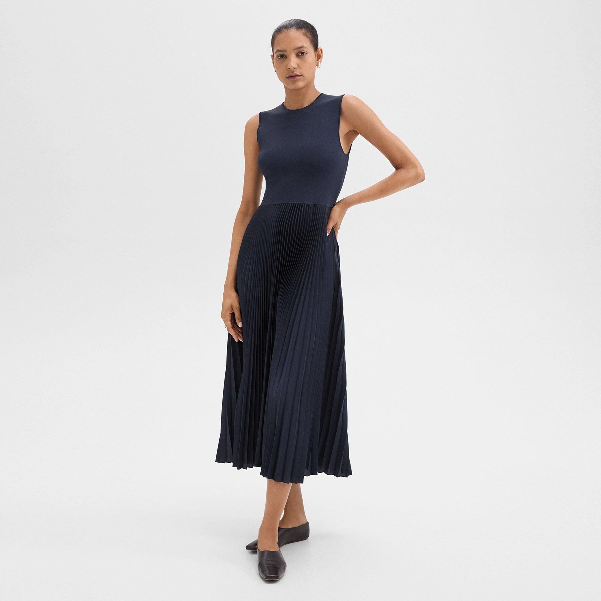 Pleated Combo Dress in Textured Satin - 2