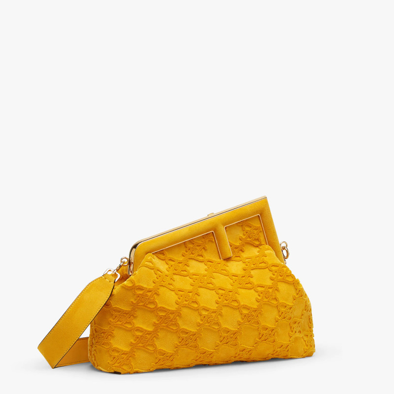 FENDI Medium Fendi First bag made of soft yellow suede, embroidered with a smooth-textured Karligraphy mot outlook