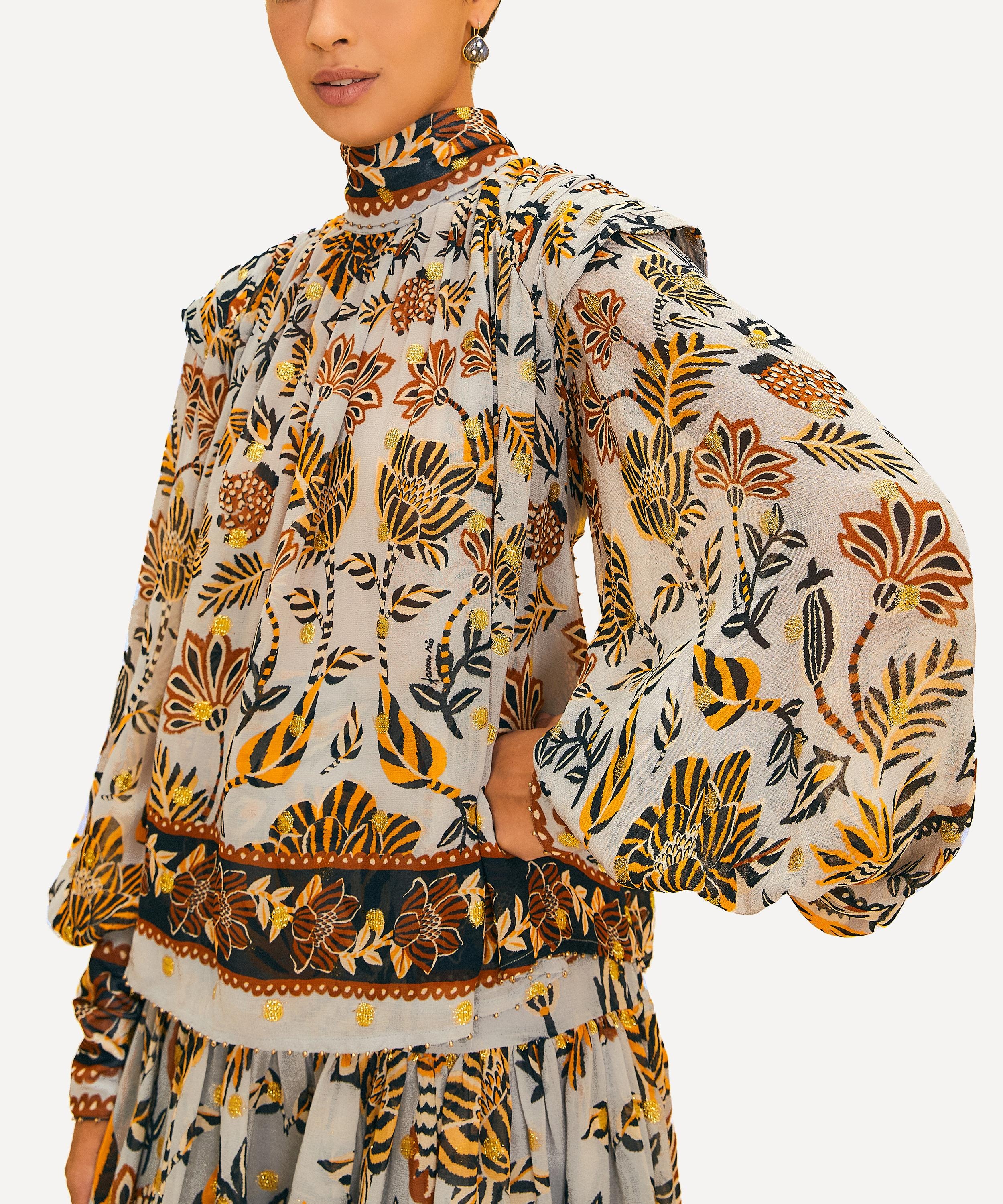 Silver Floral Tapestry Long Sleeve Blouse - 1