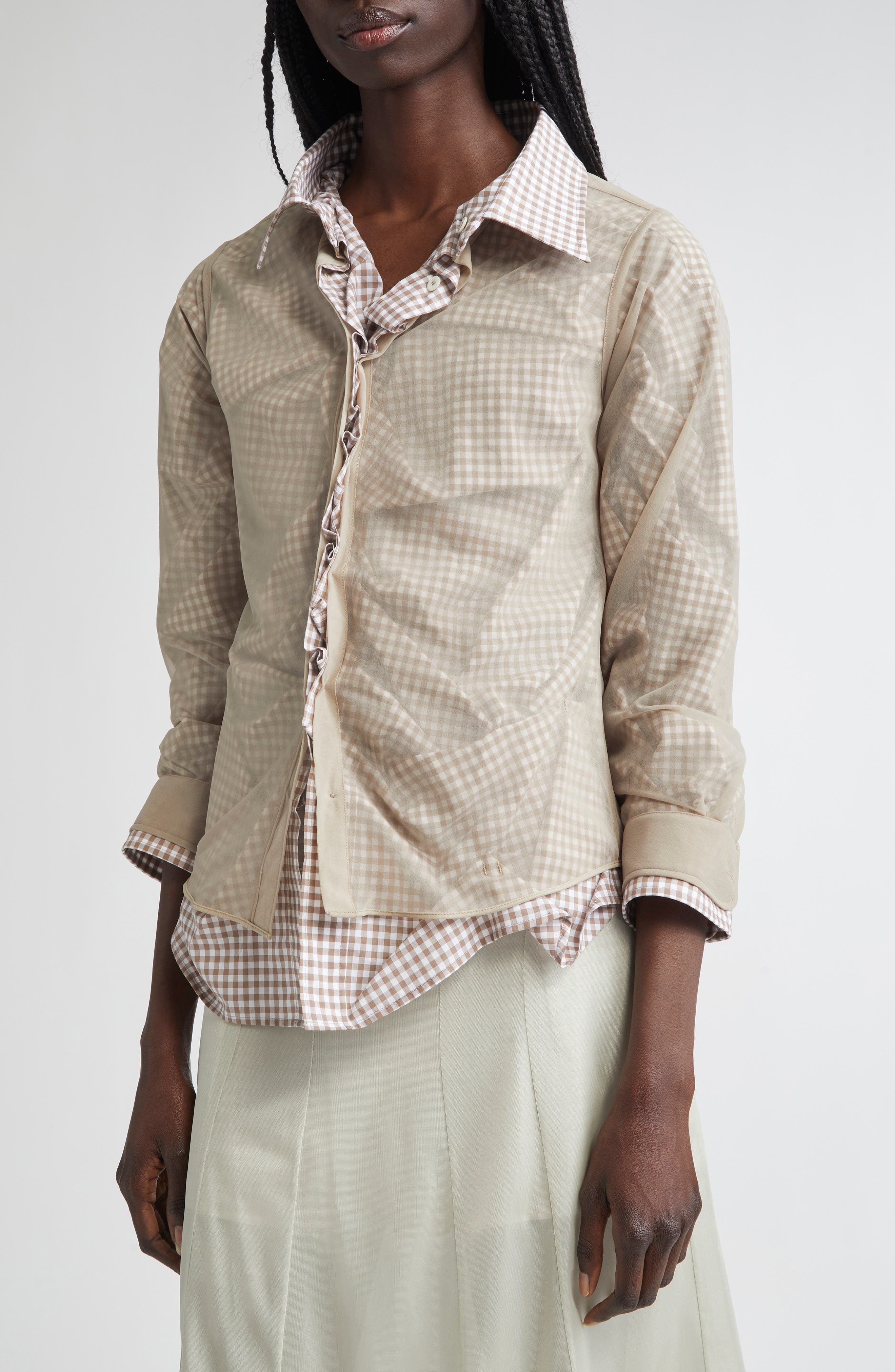 Maison Margiela Layered Mixed Media Button-Up Shirt in Camel And Tan/White at Nordstrom - 5