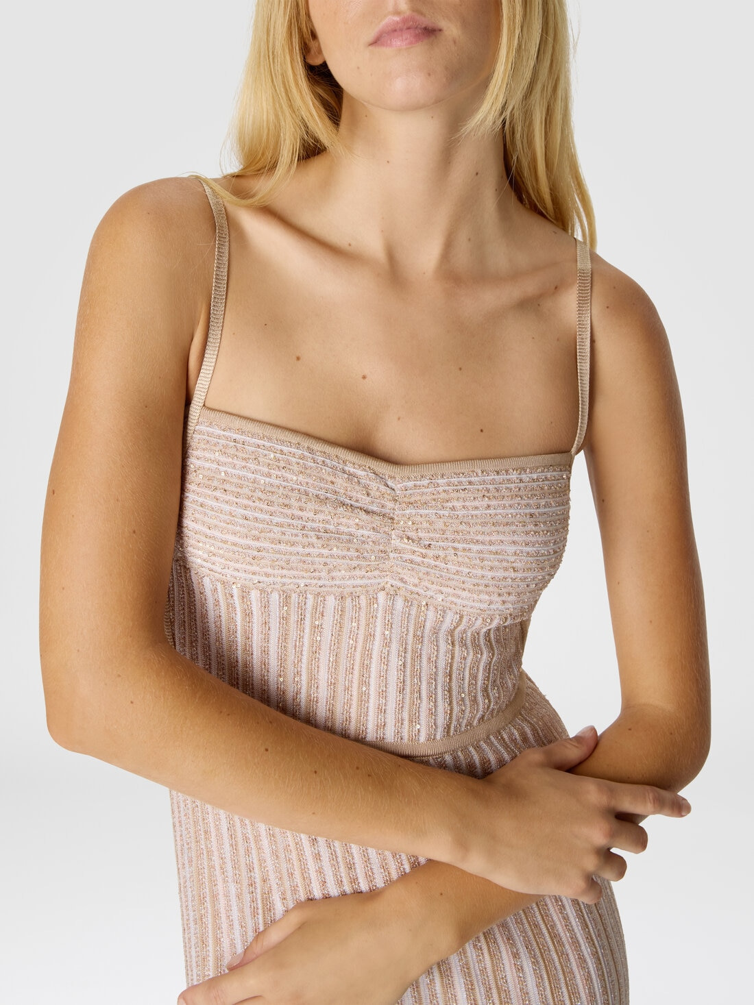 Sleeveless Long Dress with Lamé Stripes - 5