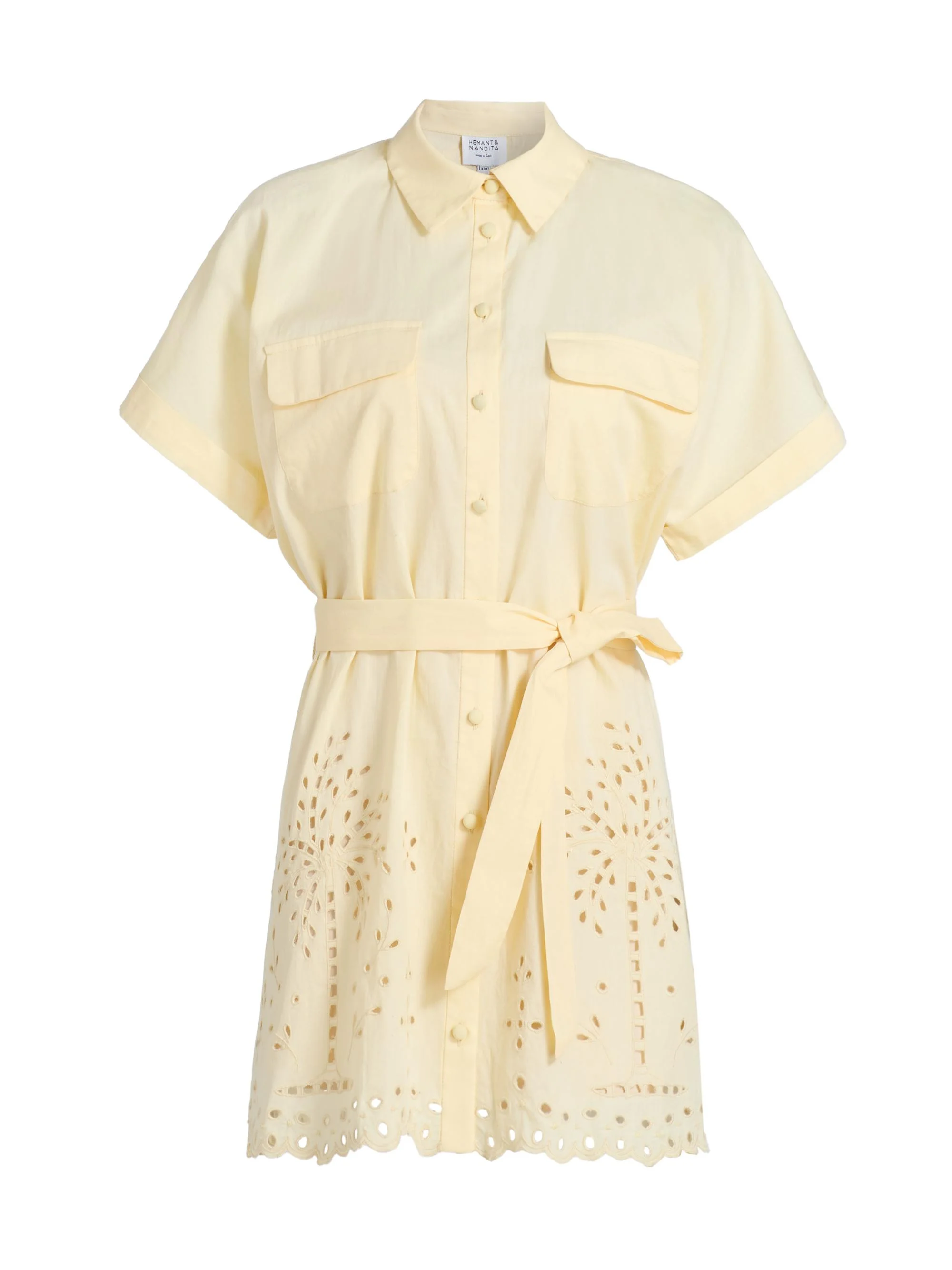 Women's Bagh Belted Schiffli Cotton Mini Shirtdress - Yellow - 1