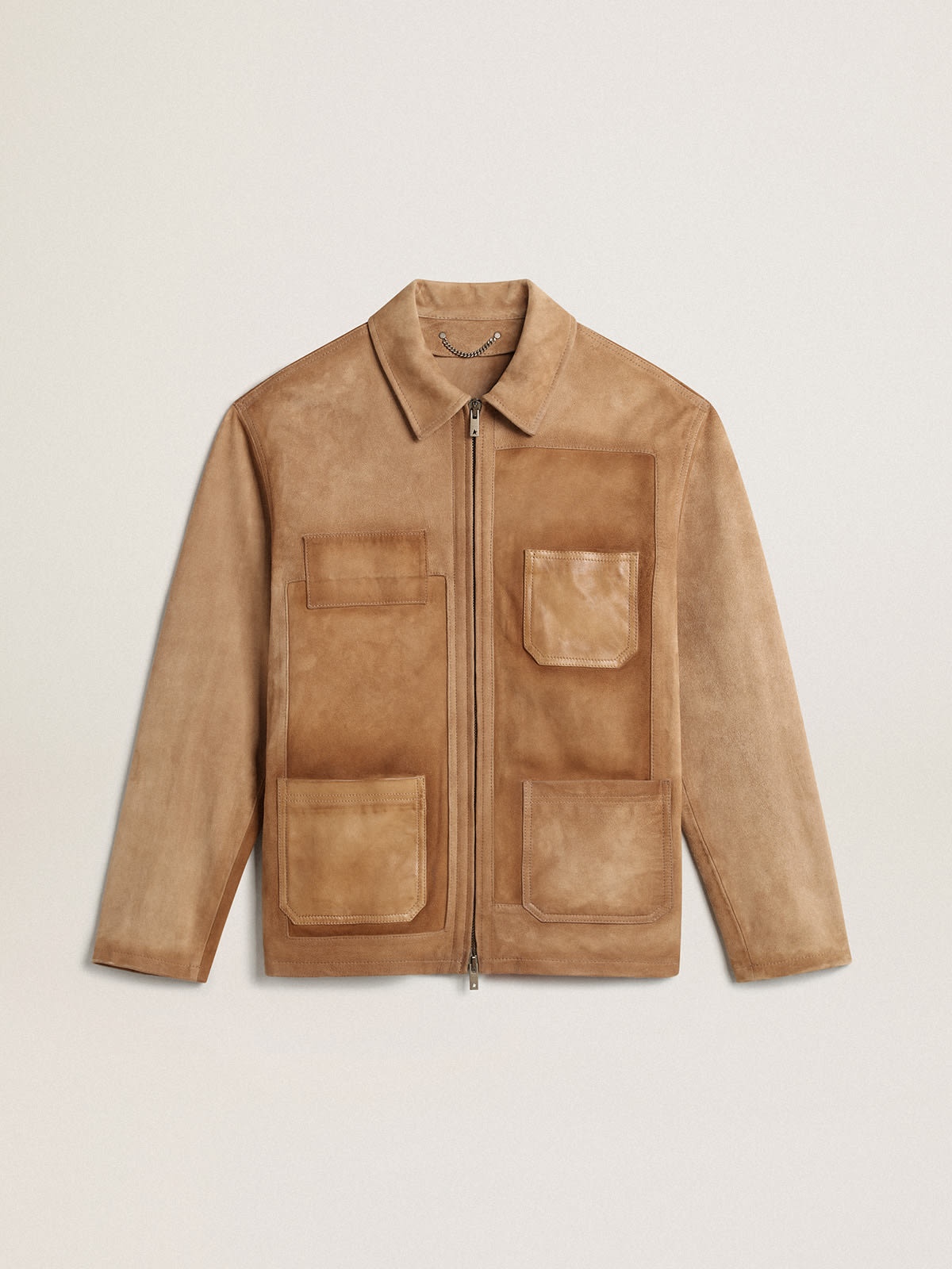 Sand-colored leather jacket with patches and zip fastening - 1