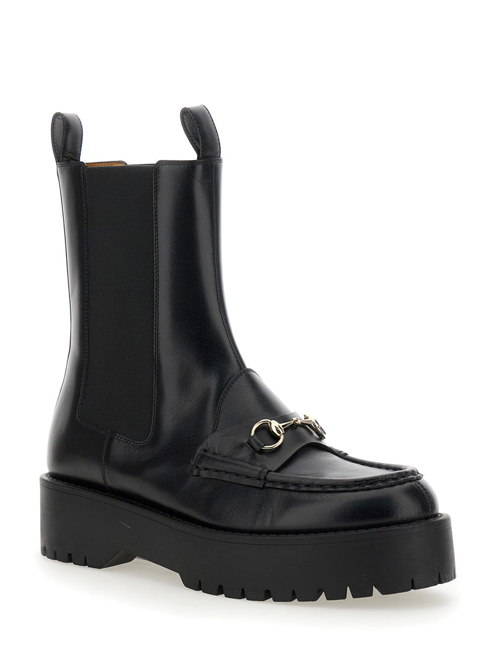 Gucci Women Black Ankle Boots With Horsebit And Lug Sole In Leather Woman - 2
