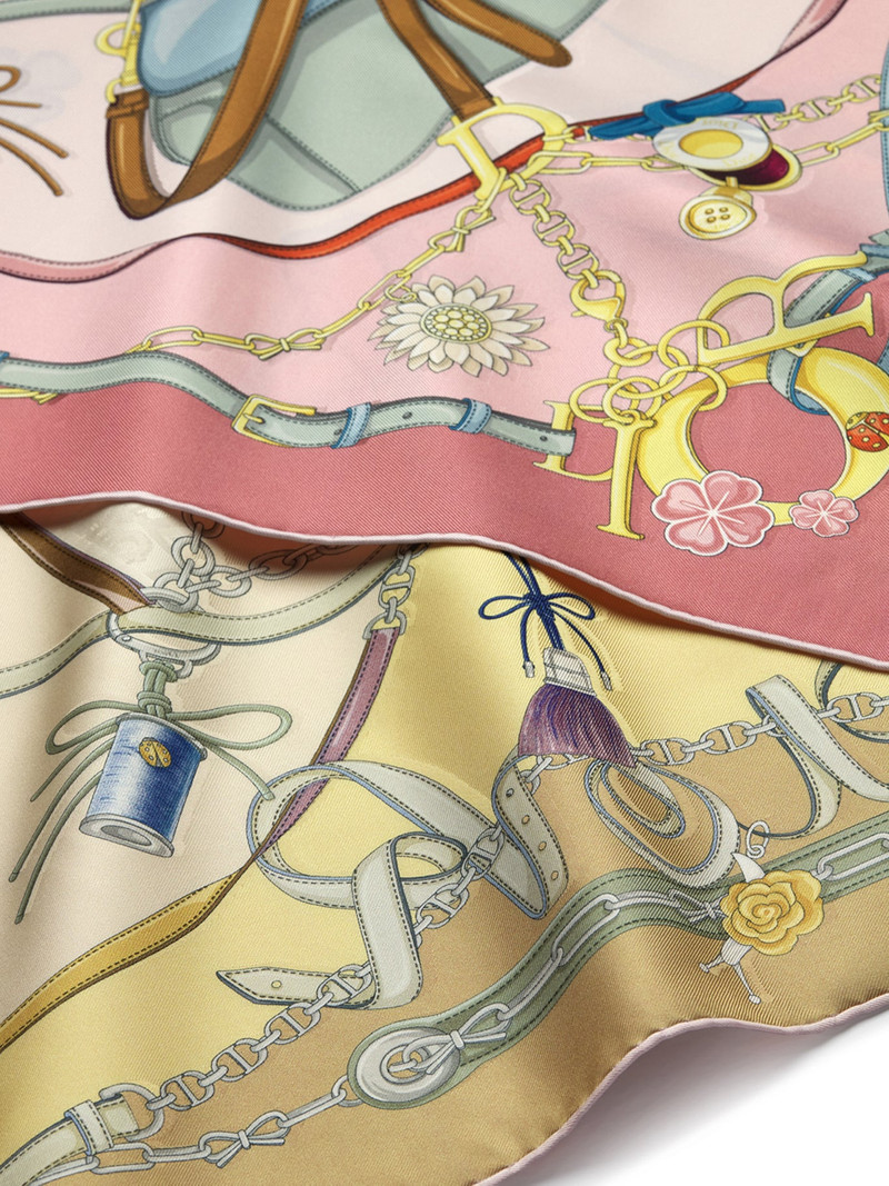 DIOR SADDLE CHARMS 90 SQUARE SCARF IN PINK AND YELLOW SILK TWILL 3
