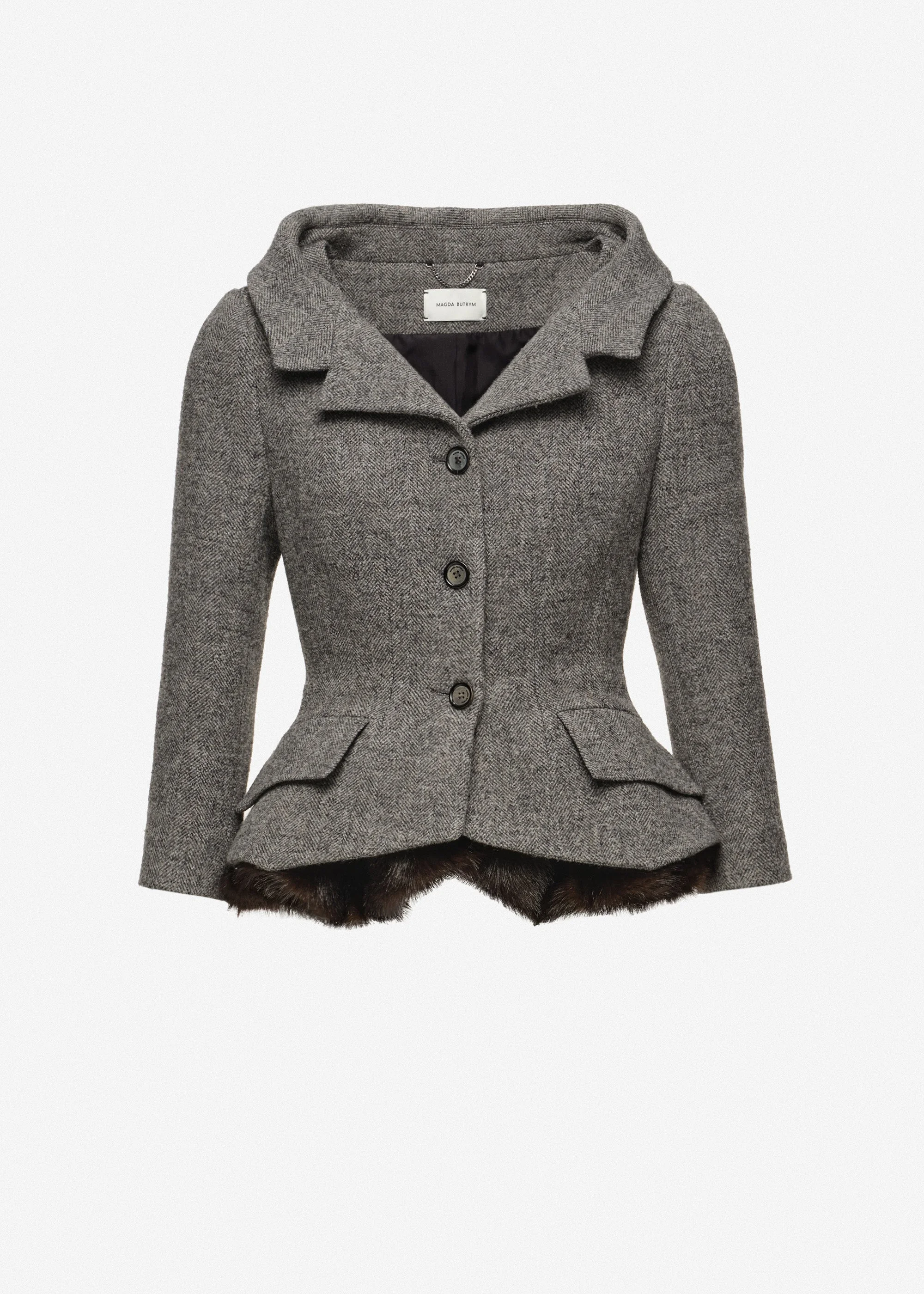Tailored blazer with faux fur peplum in grey - 1