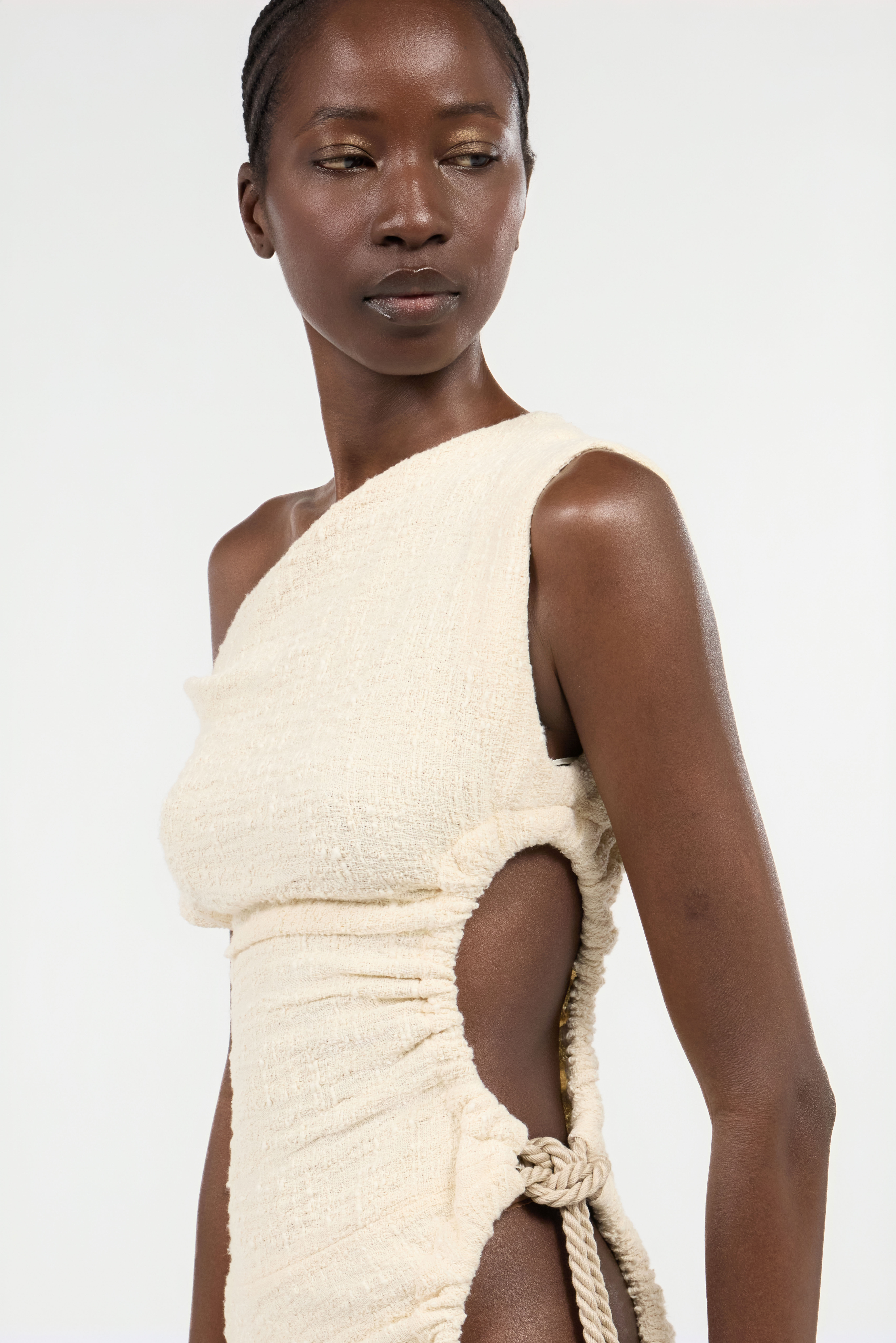 Ivory One-Shoulder Midi Dress with Cut-Out - 6