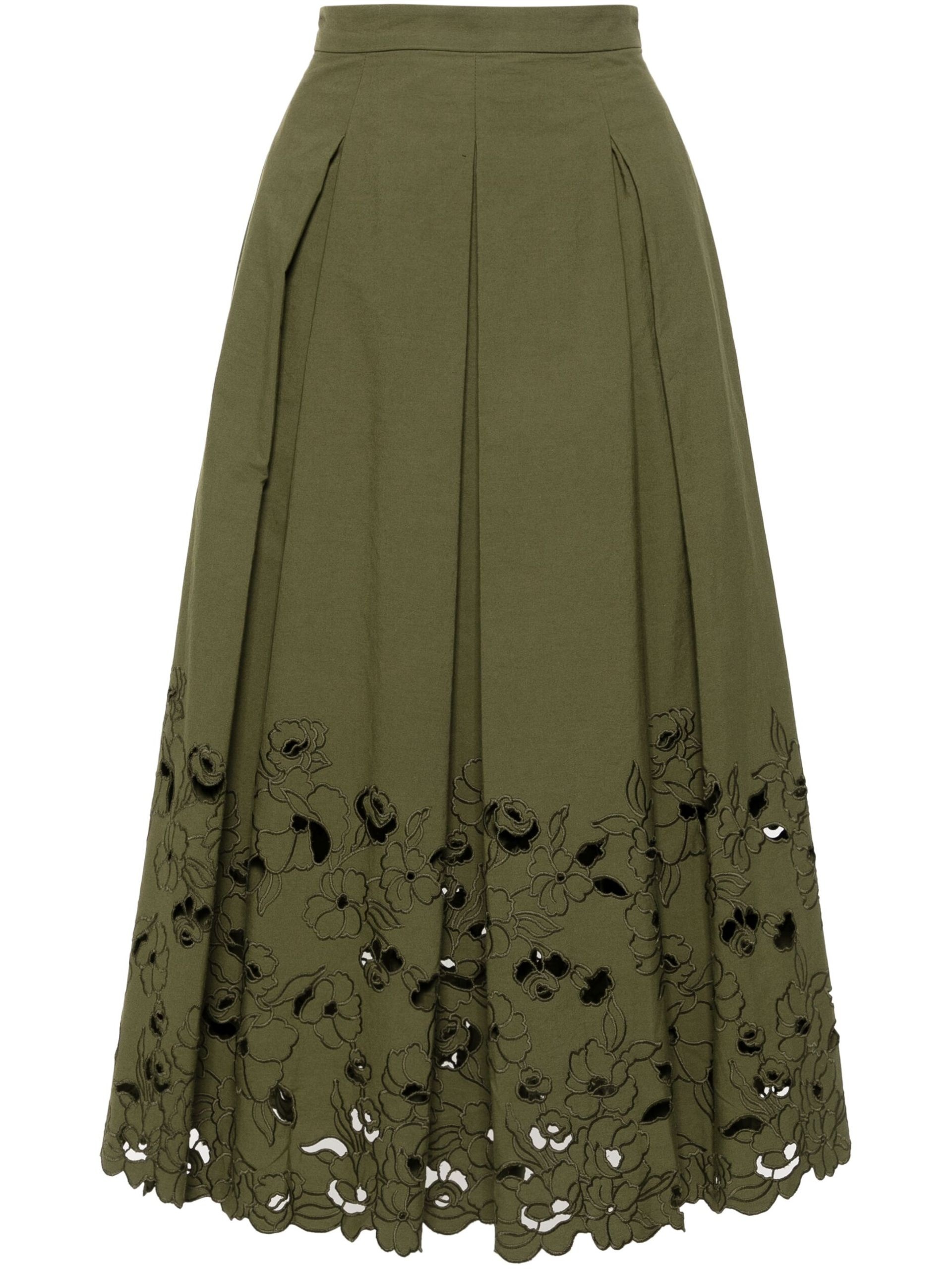 Green Floral-Embroidered Midi Skirt - 1