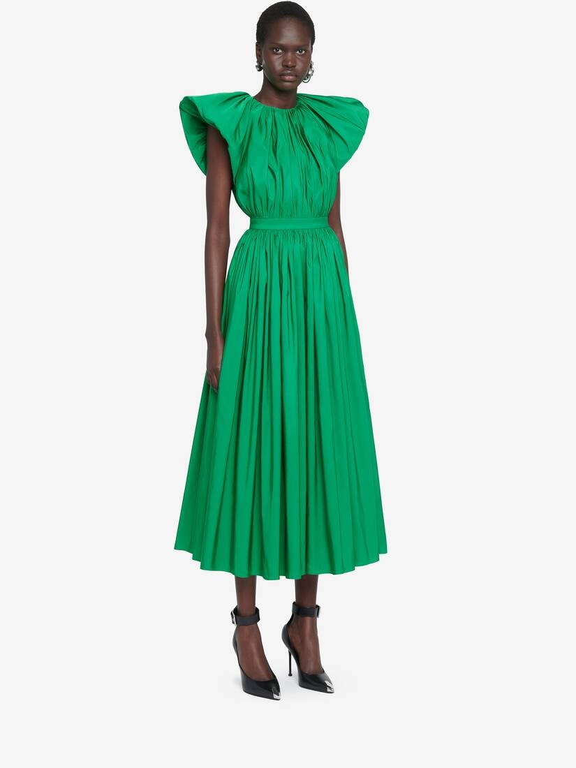 Women's Pleated Open Back Dress in Bright Green - 3
