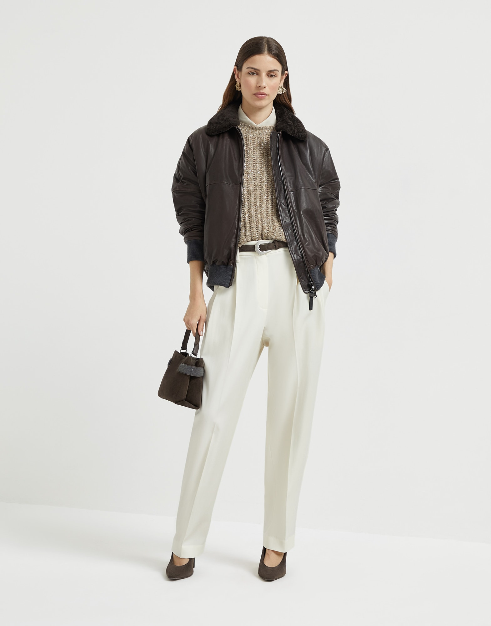 Nappa leather aviator bomber with detachable shearling collar monili - 5