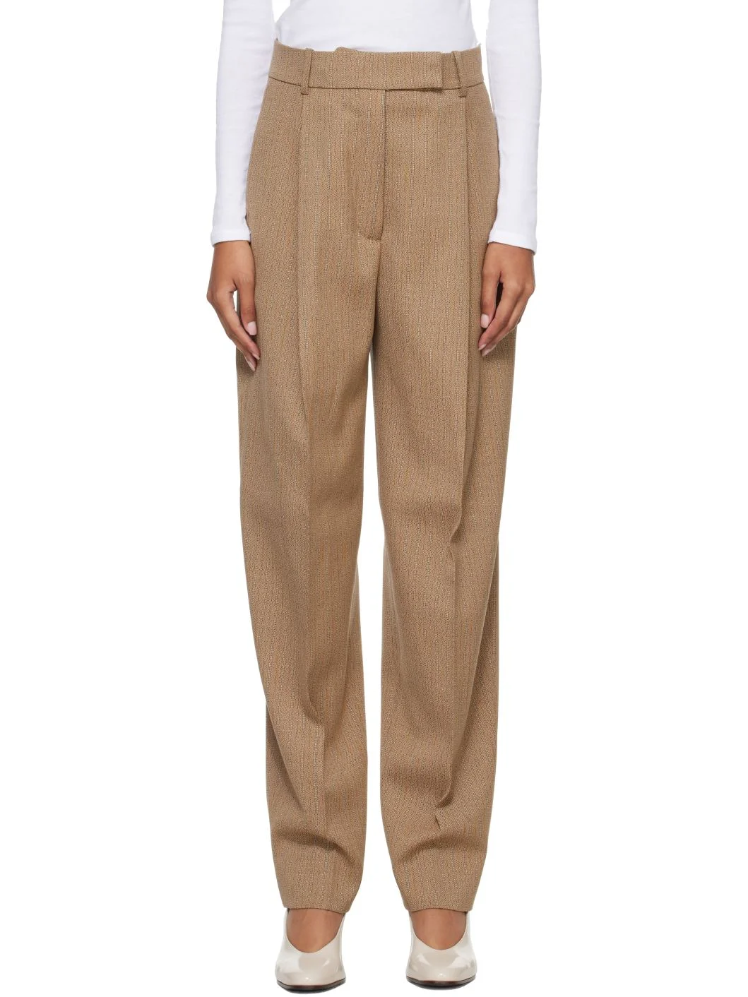 Tan Daria Single Pleat Straight Leg Trousers - 1