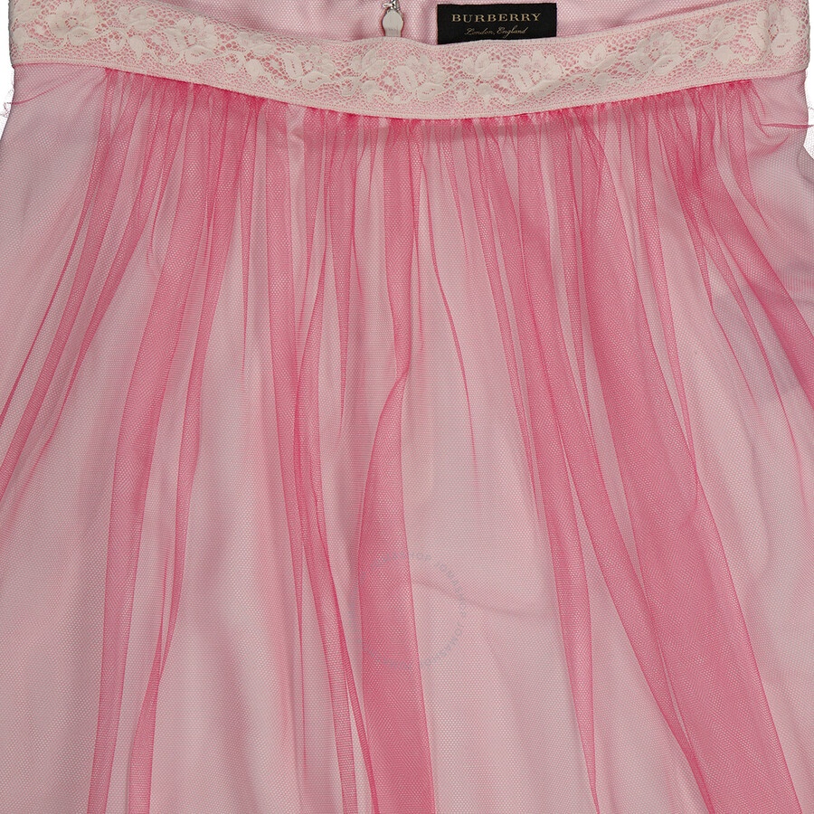 Burberry Ladies Bright Pink Floral Lace-trim Tulle Maxi Skirt - 6