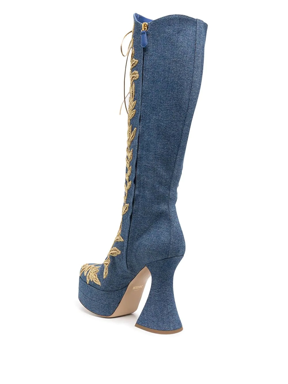 leaf embroidered high denim boots - 3