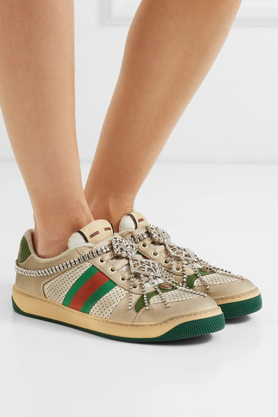 GUCCI Screener embellished canvas-trimmed distressed leather sneakers outlook