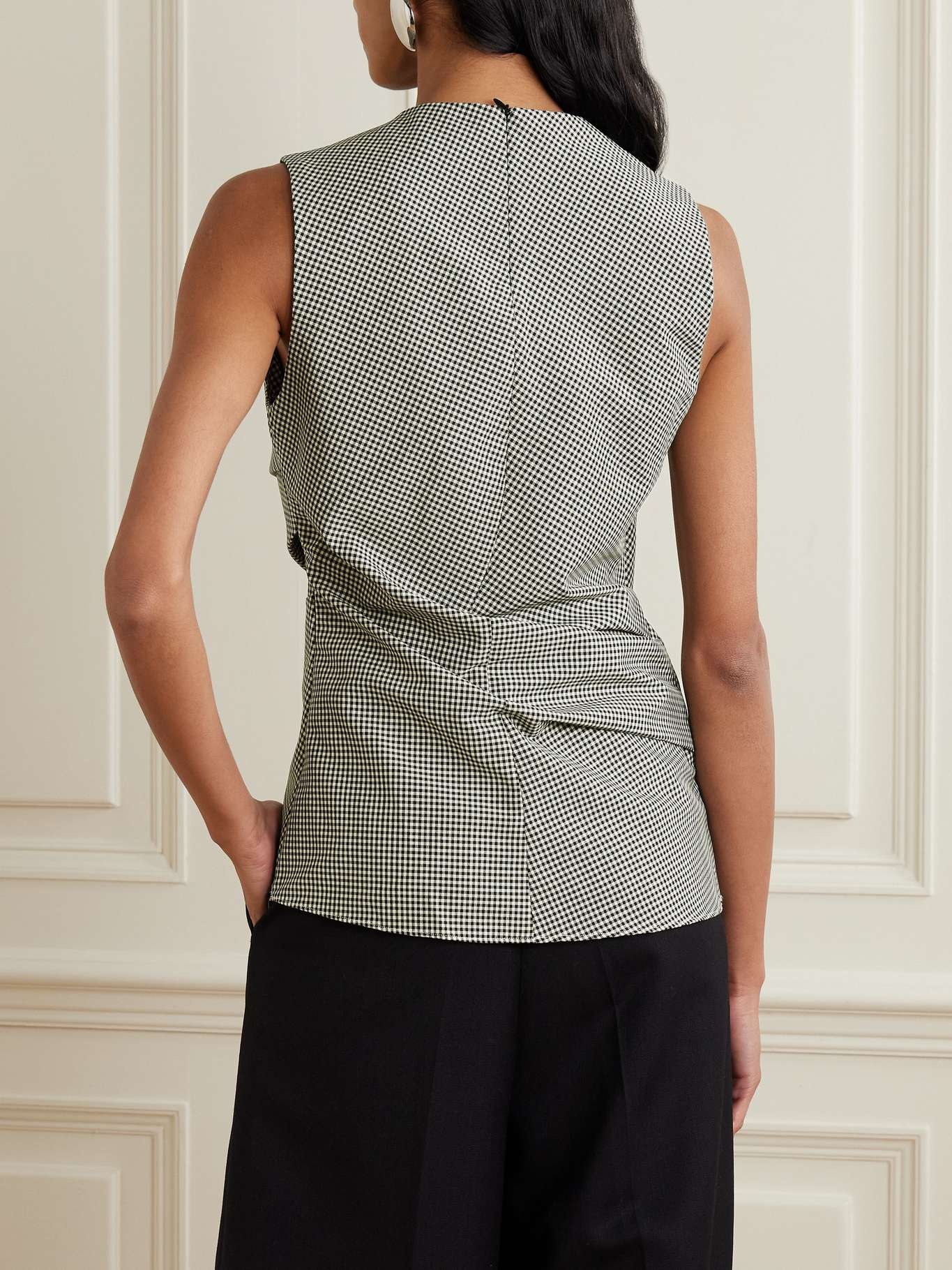 Gathered gingham wool-blend top Black - 3