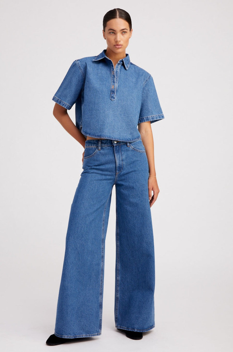 SPRWMN COCO DENIM CROPPED OVERSIZED HENLEY SHIRT outlook