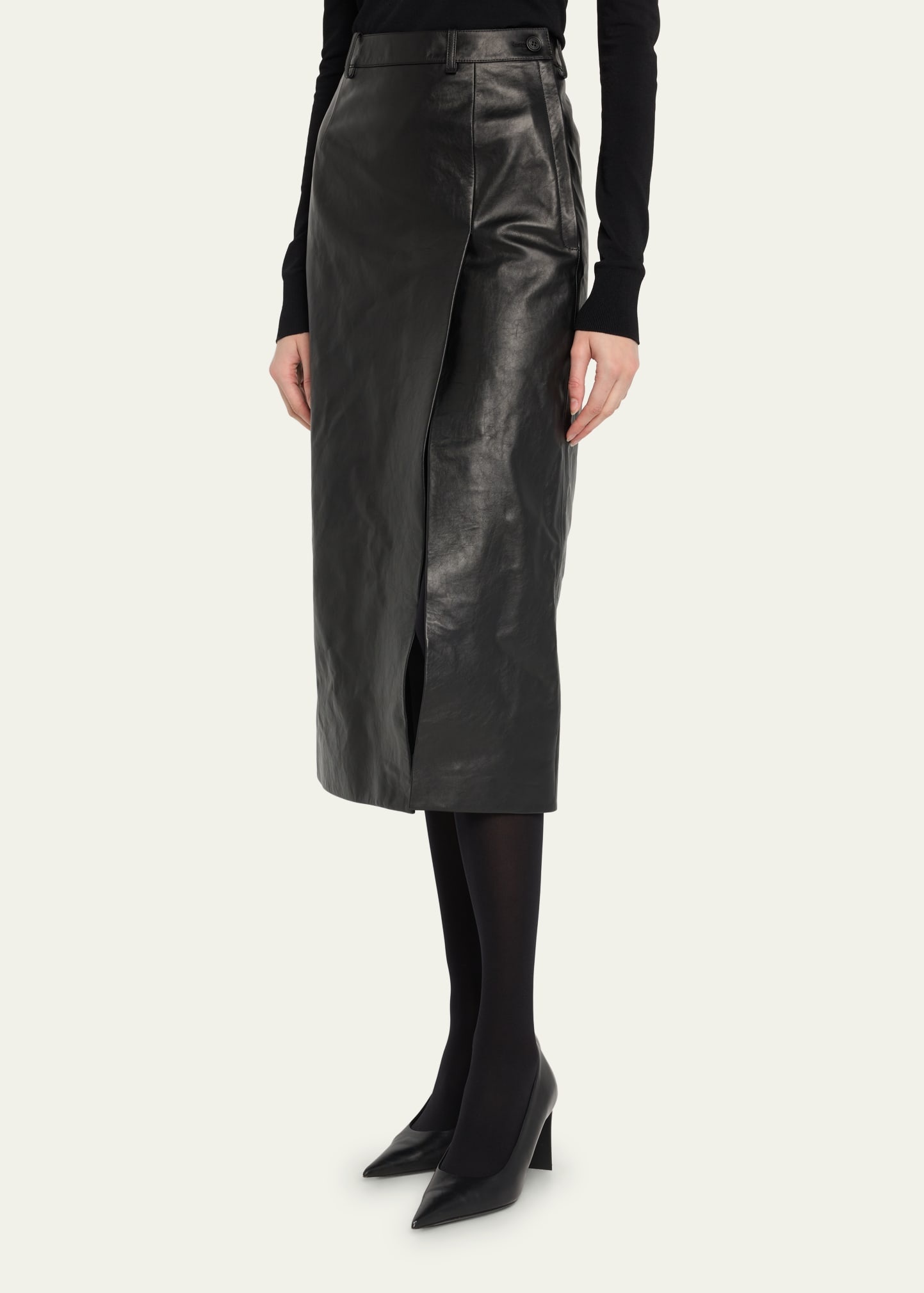 Slit Tailored Leather Midi Skirt - 4