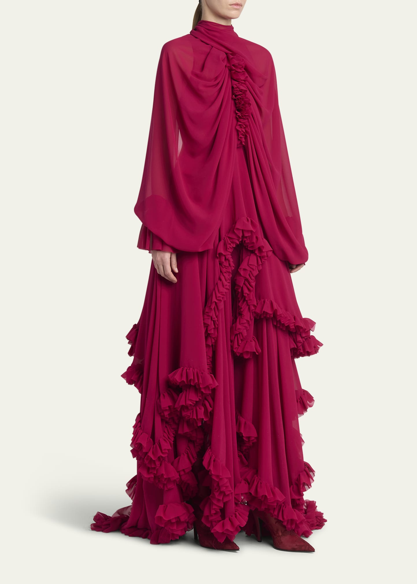 Draped Open-Back Ruffle Cape Gown - 4