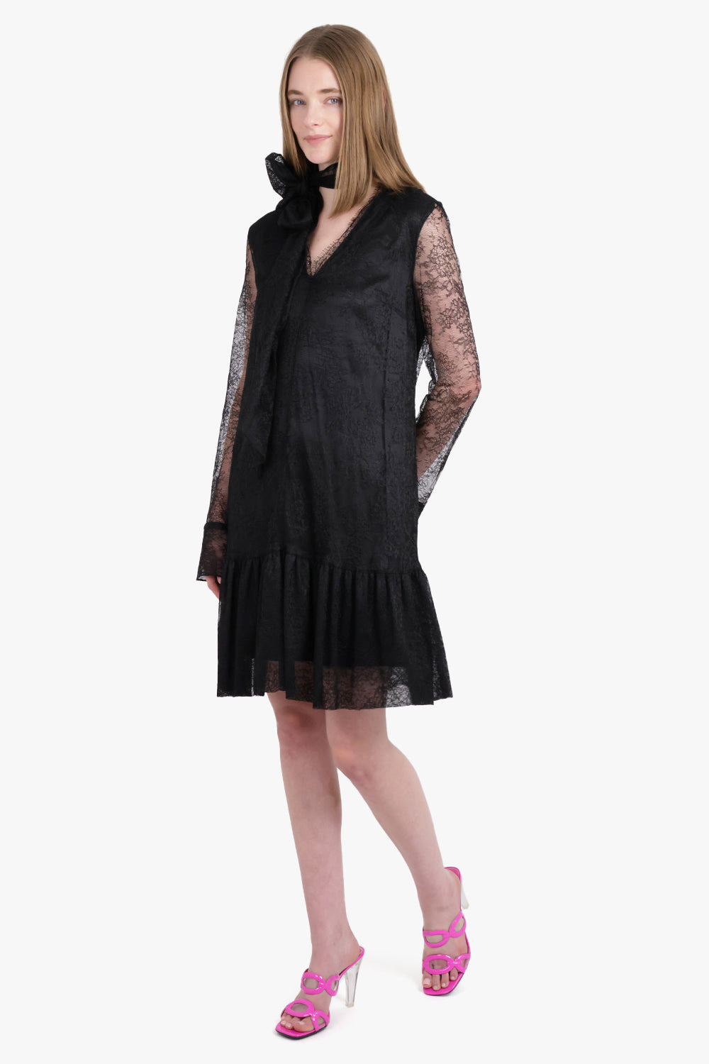 V-NECK RUFFLE LACE DRESS | BLACK - 2
