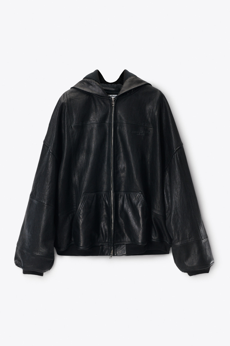 Black Worn Moto Leather Hoodie Jacket 1