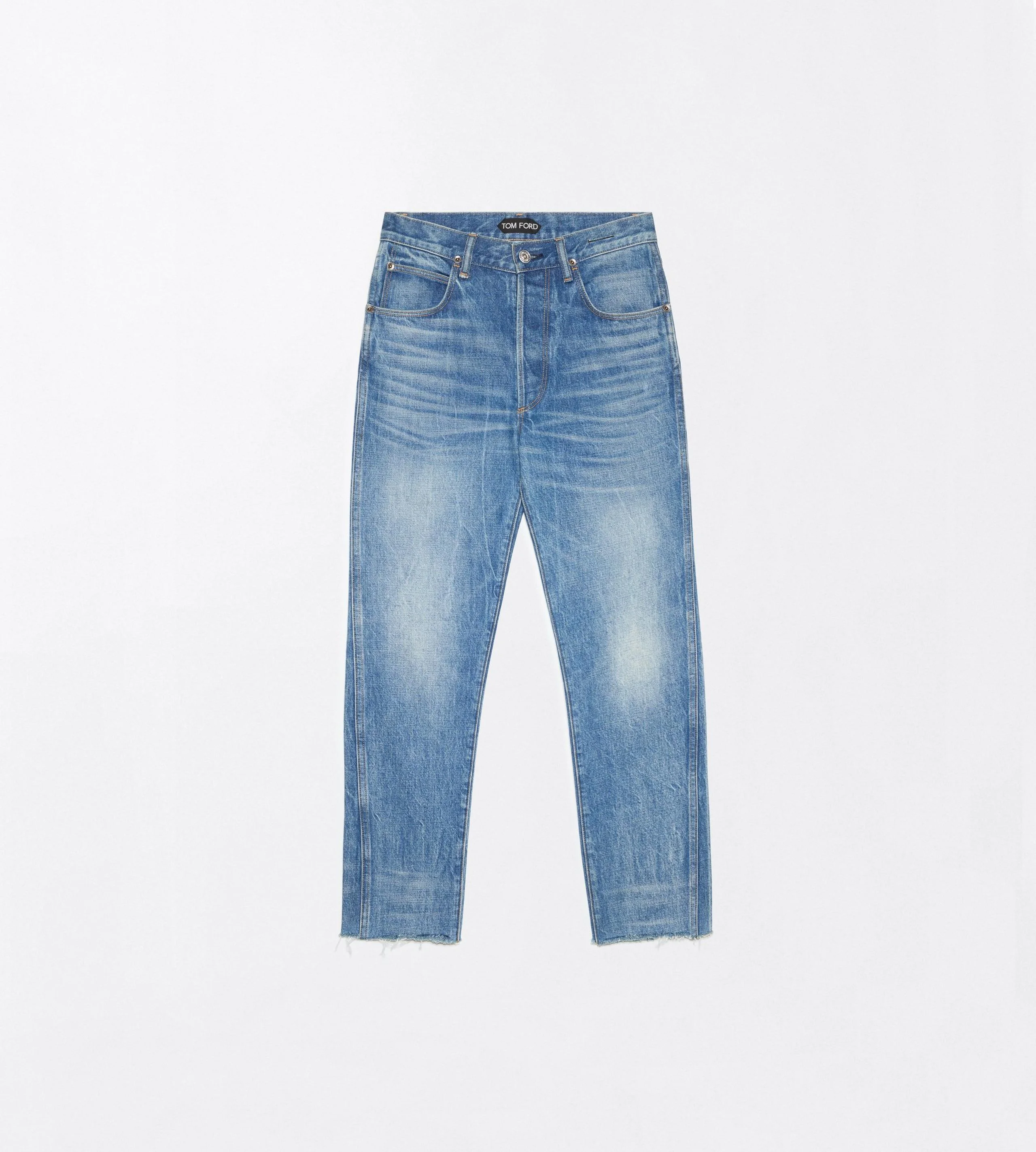 STONEWASHED DENIM MELANIE STRAIGHT PANTS WITH T-TRIM AND FRAYED HEM - 1