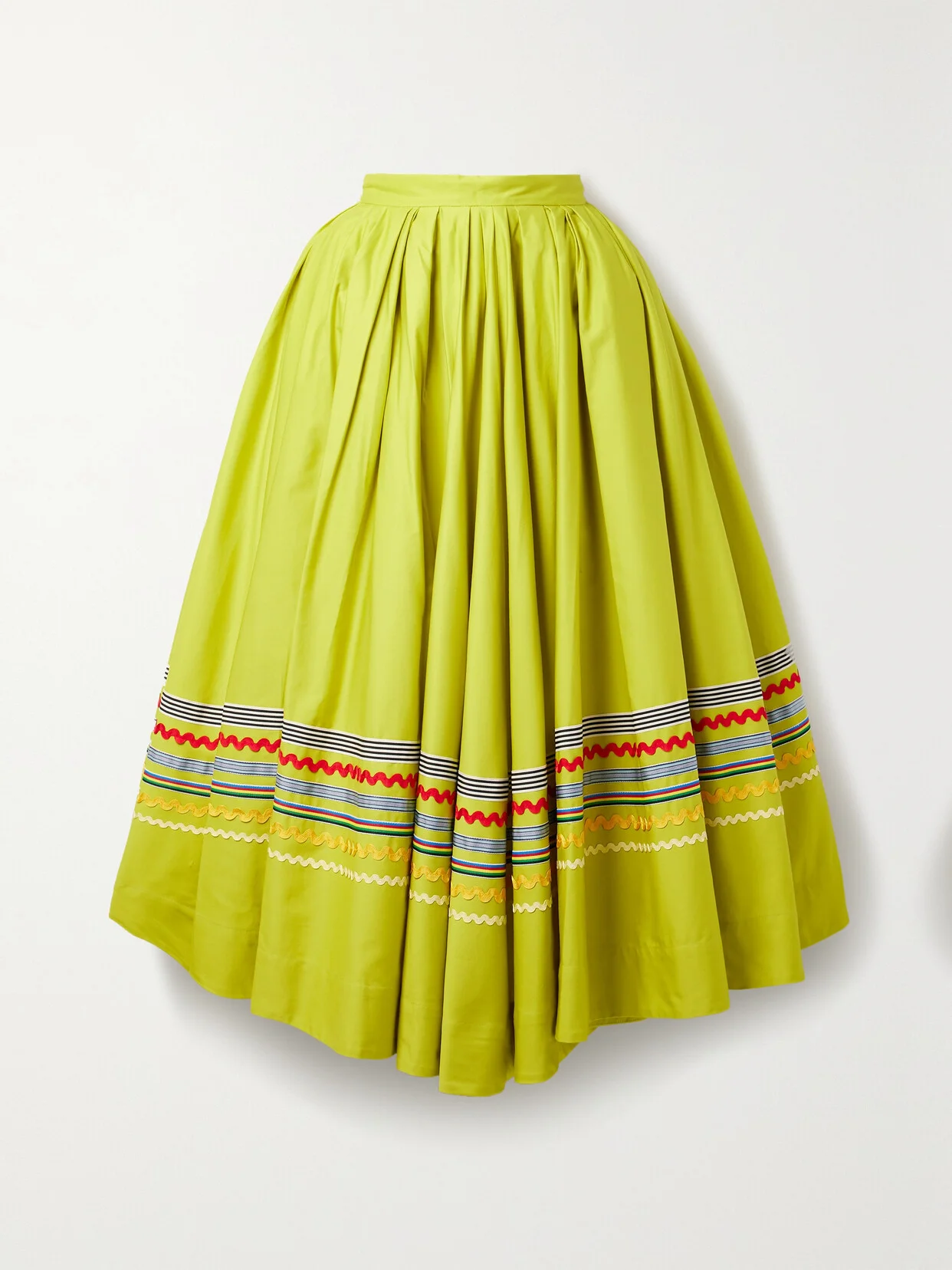 Striped Grosgrain And Ric Rac-trimmed Pleated Cotton Maxi Skirt - 1