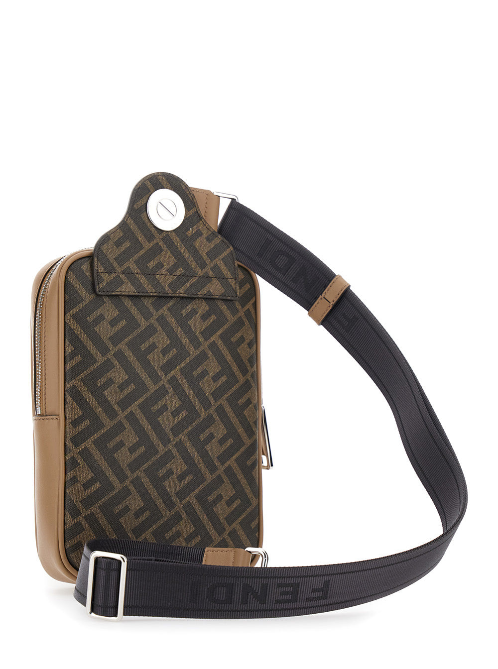 Fendi Men Brown Crossbody Bag With Logo Plaque On The Front And Shoulder Strap In Ff Canvas And Leat - 3
