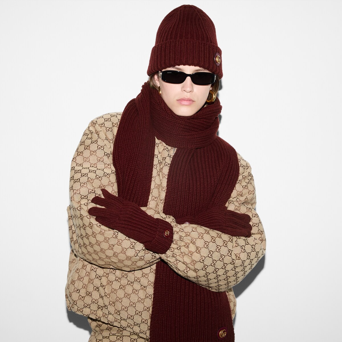 Wool cashmere gloves with Double G - 3