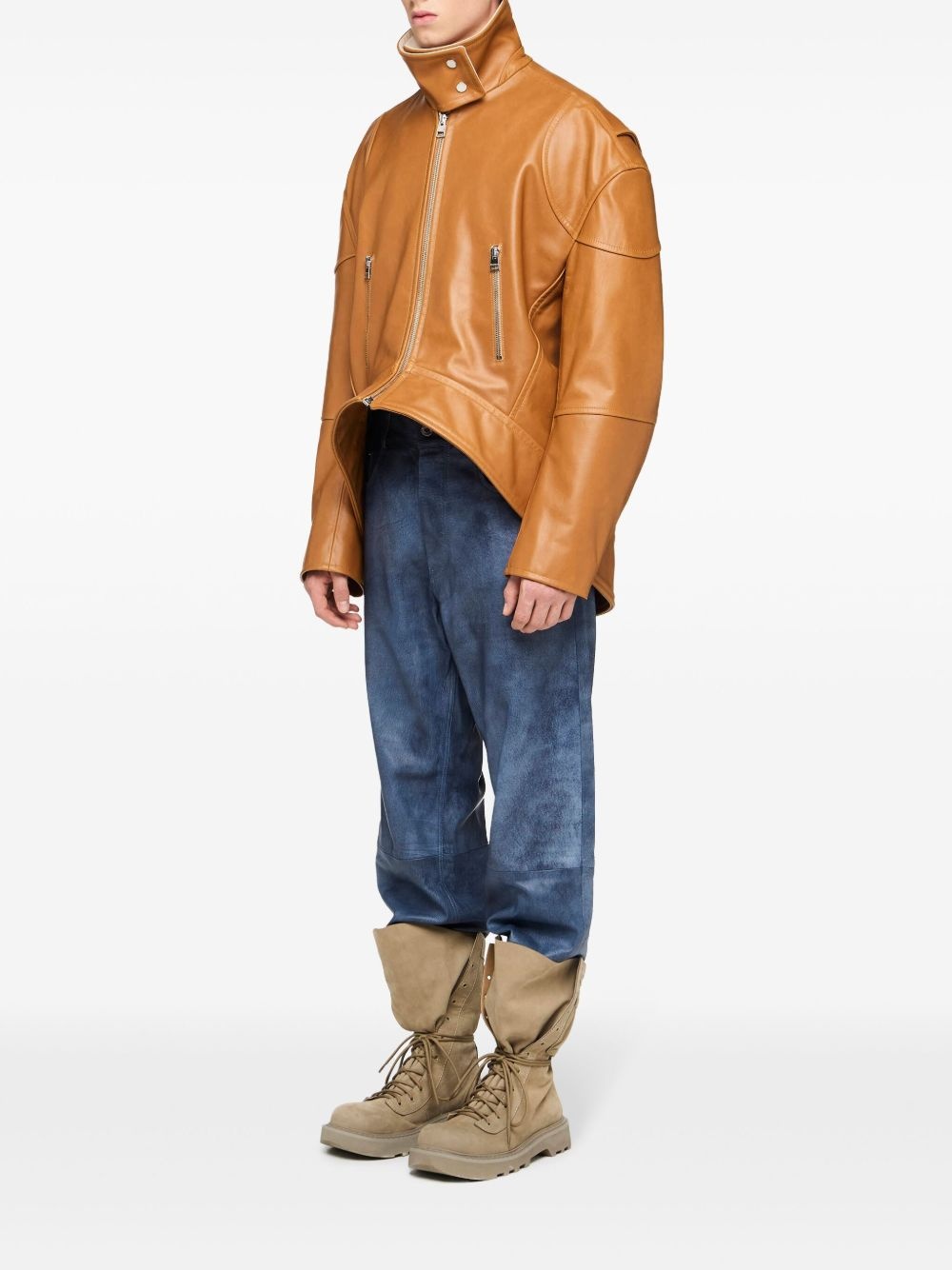 curved-hem high-neck leather jacket - 2