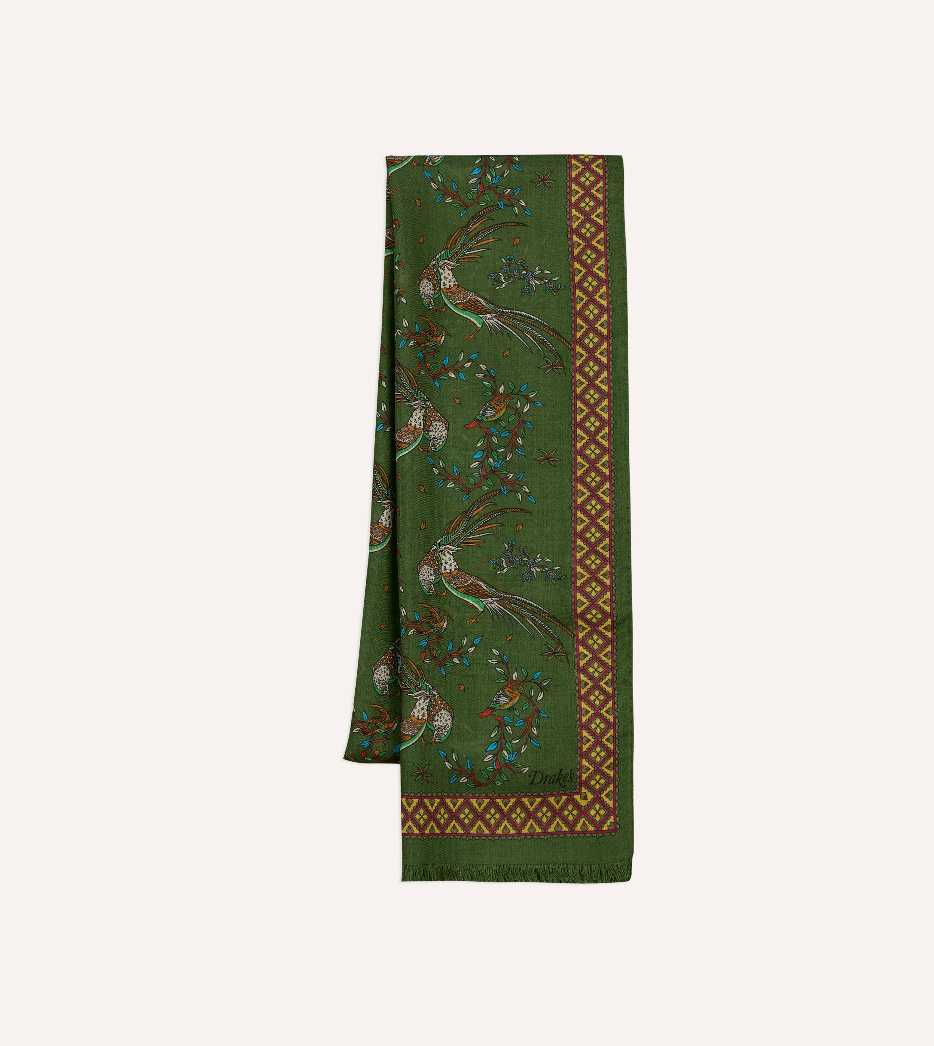 Olive Birds of Paradise Print Wool Silk Scarf - 1