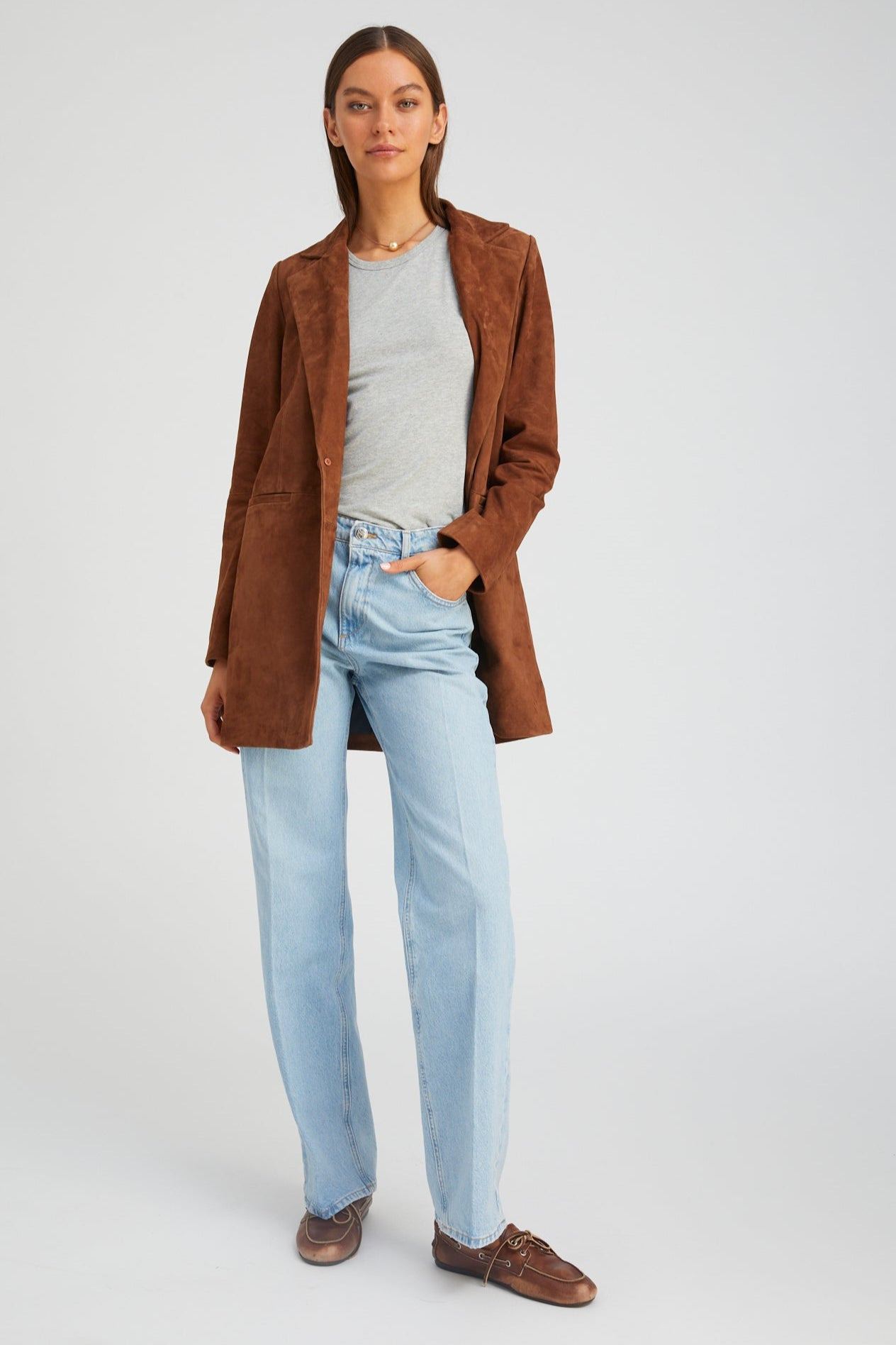 DARK COGNAC SUEDE LONG BLAZER - 4