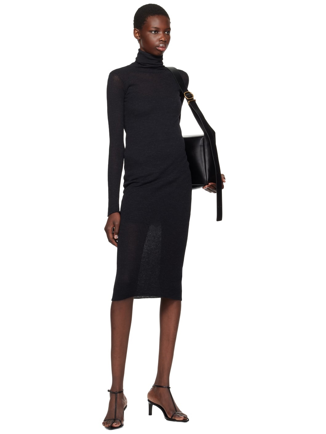 Black Ribbed Midi Dress - 4