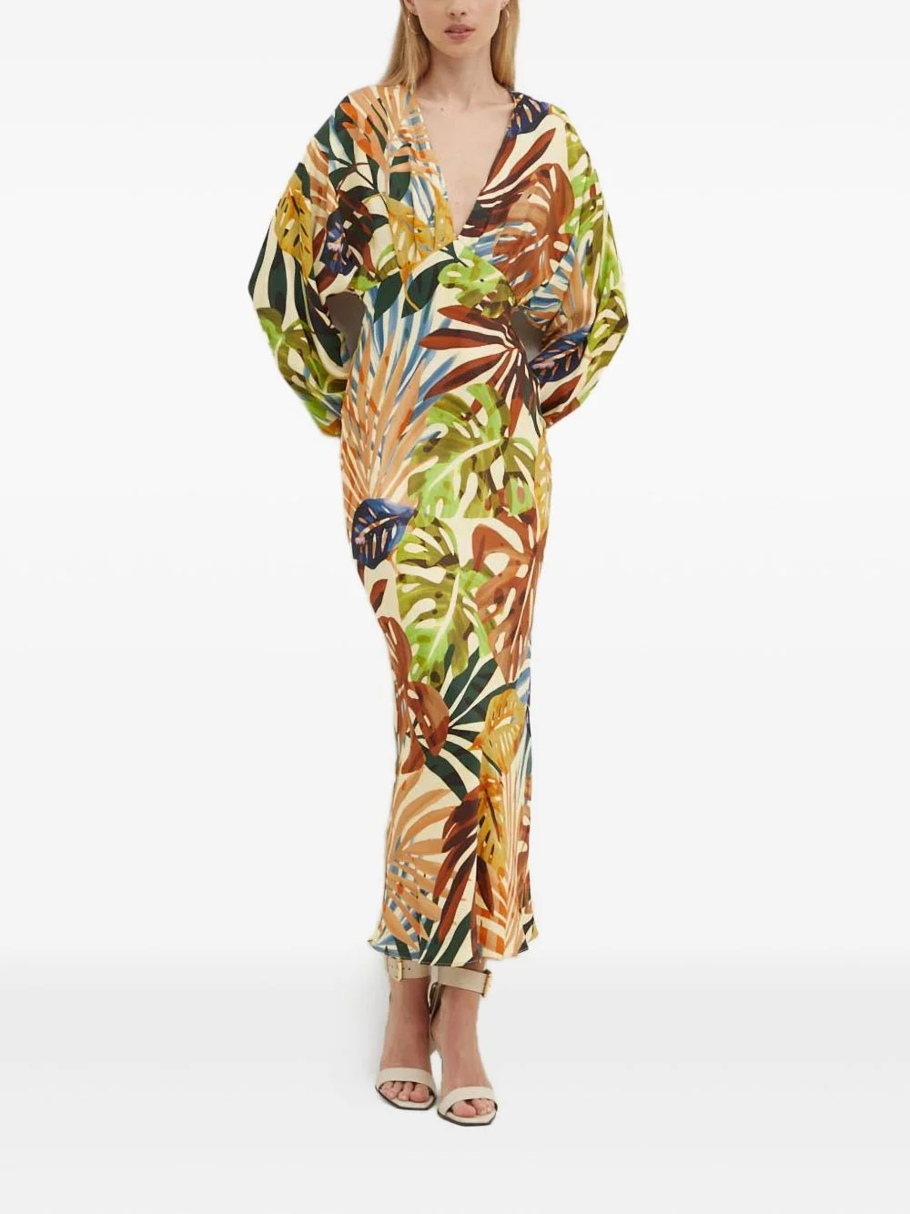 leaf-print V-neck dress - 1