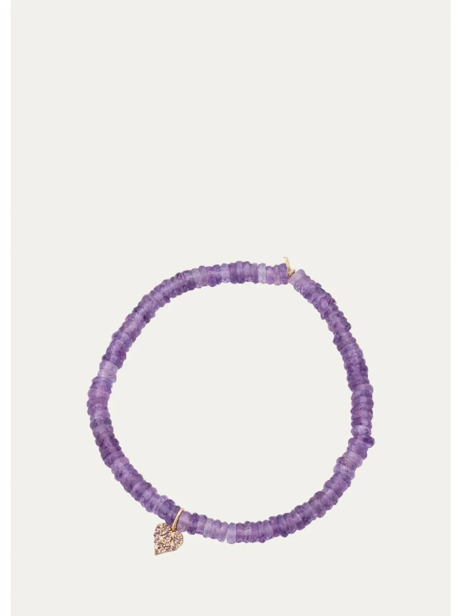 14K Diamond and Amethyst Heart on Beaded Stretch Bracelet - 1