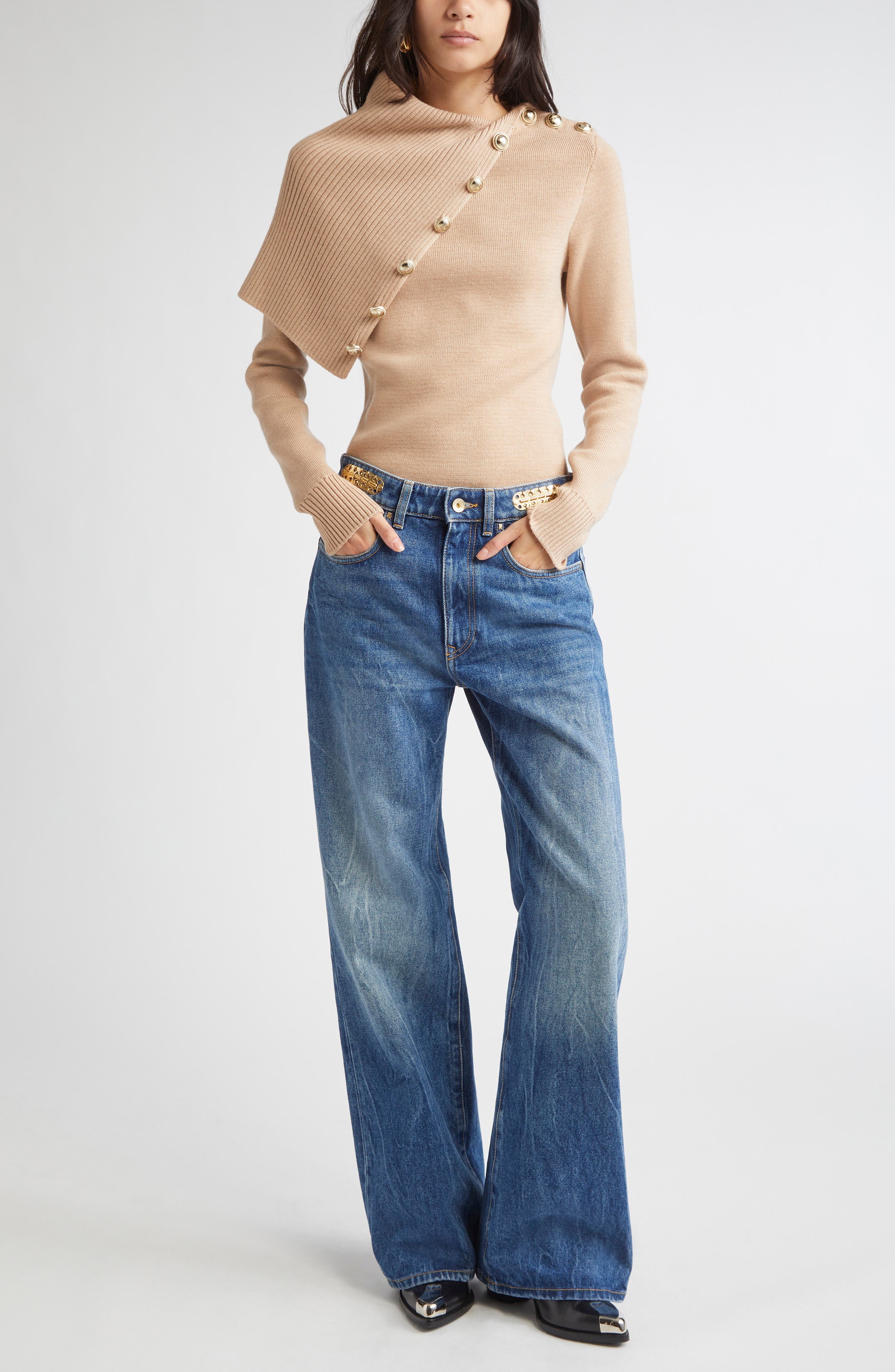Rabanne Drape Shoulder Merino Wool Sweater in Beige at Nordstrom - 7