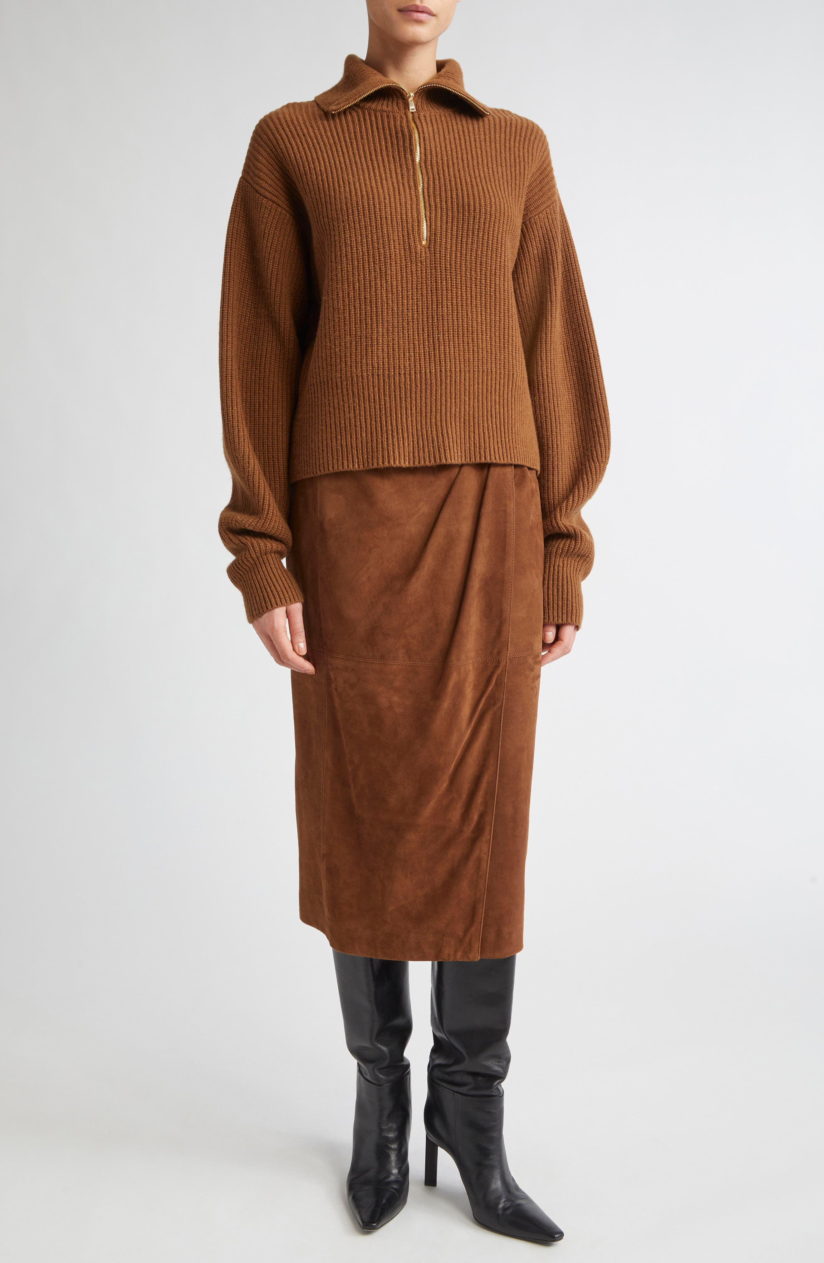 Max Mara Nadar Merino Wool & Cashmere Half Zip Sweater in Tobacco at Nordstrom - 2