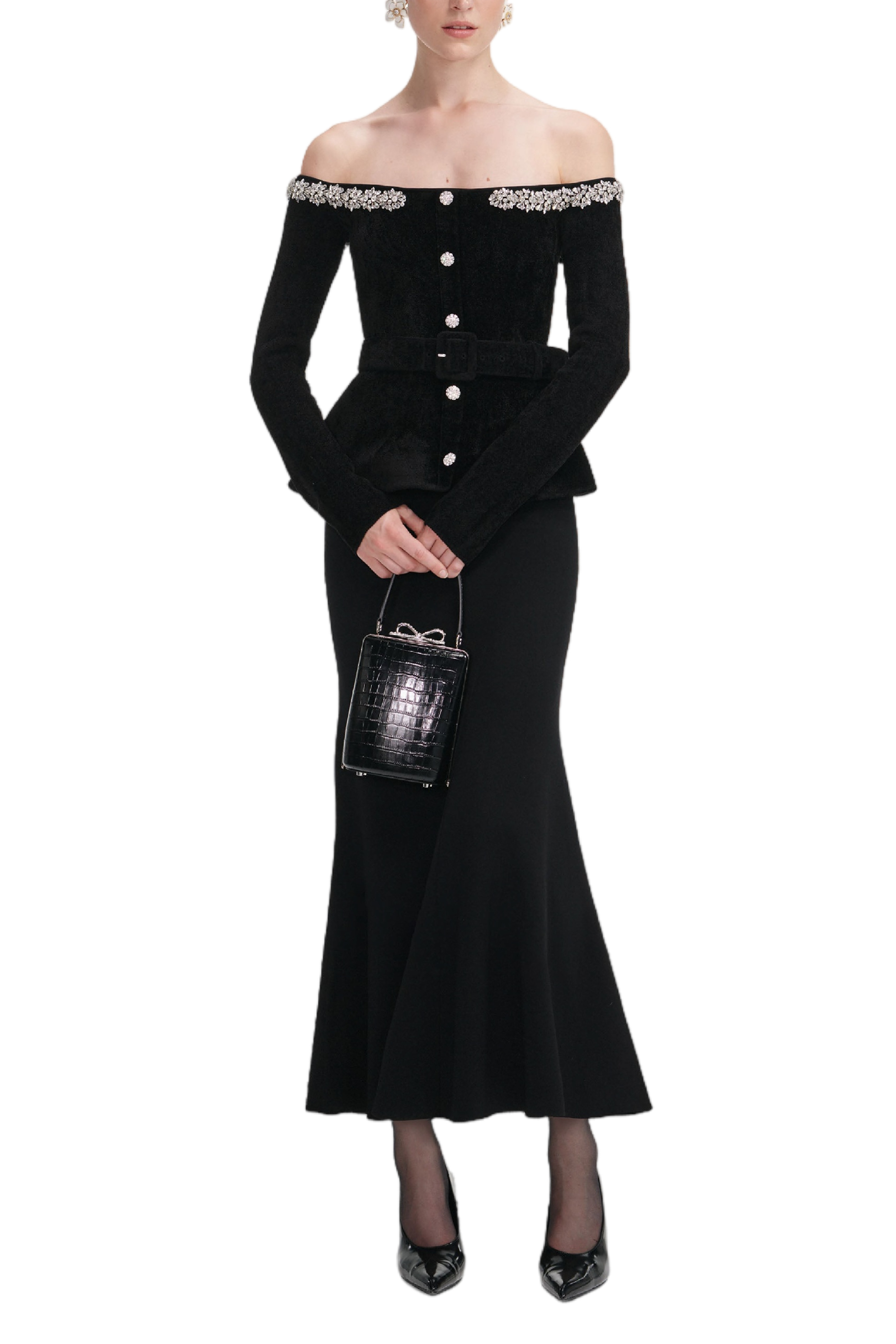 BLACK CHENILLE KNIT CRYSTAL TRIM MIDI DRESS - 1