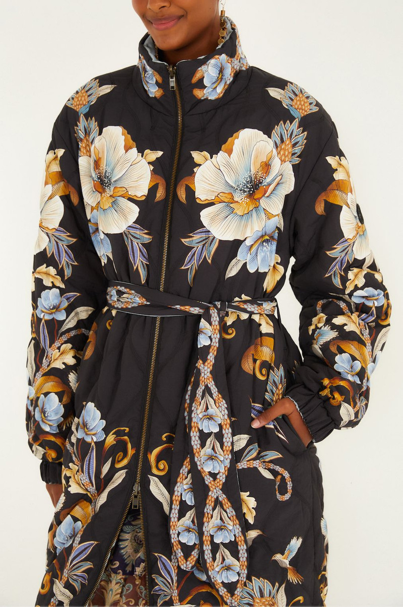 FARM RIO Black Flowerful Snake Garden Reversible Maxi Puffer Jacket outlook