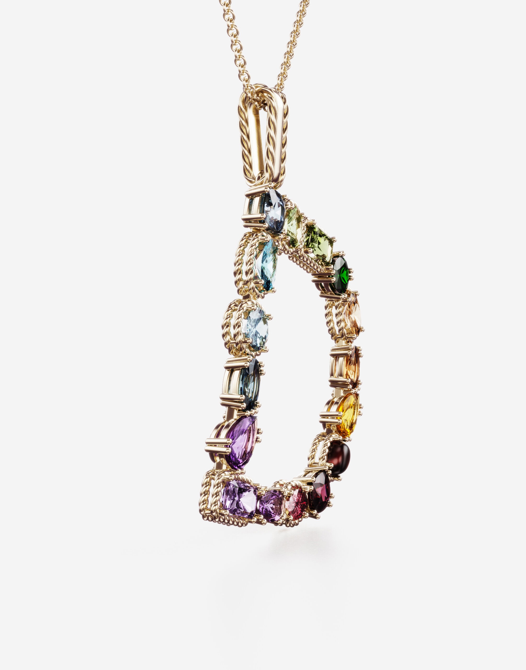 Rainbow alphabet D pendant in yellow gold with multicolor fine gems - 4