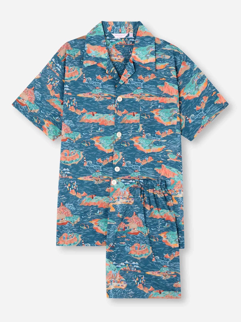 Men's Short Pajamas Cotton Batiste Multi Fisherman's Scenic Print - 1