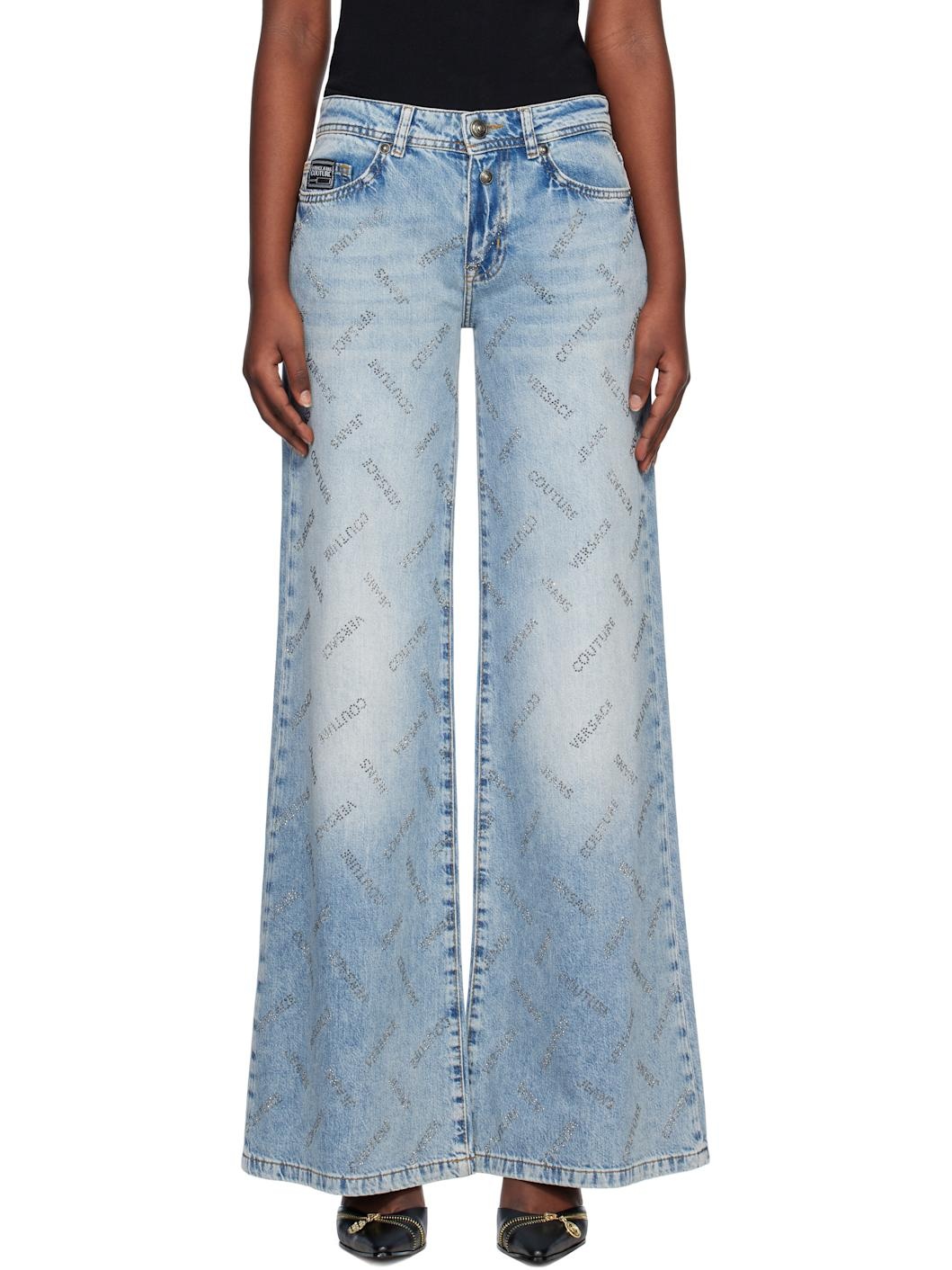 Blue Crystal Logo Flared Jeans - 1
