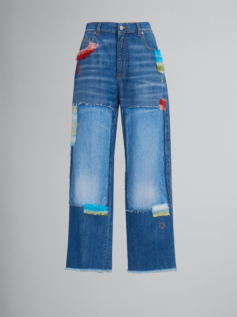 BLUE BIO DENIM JEANS WITH MOHAIR PATCHES 1