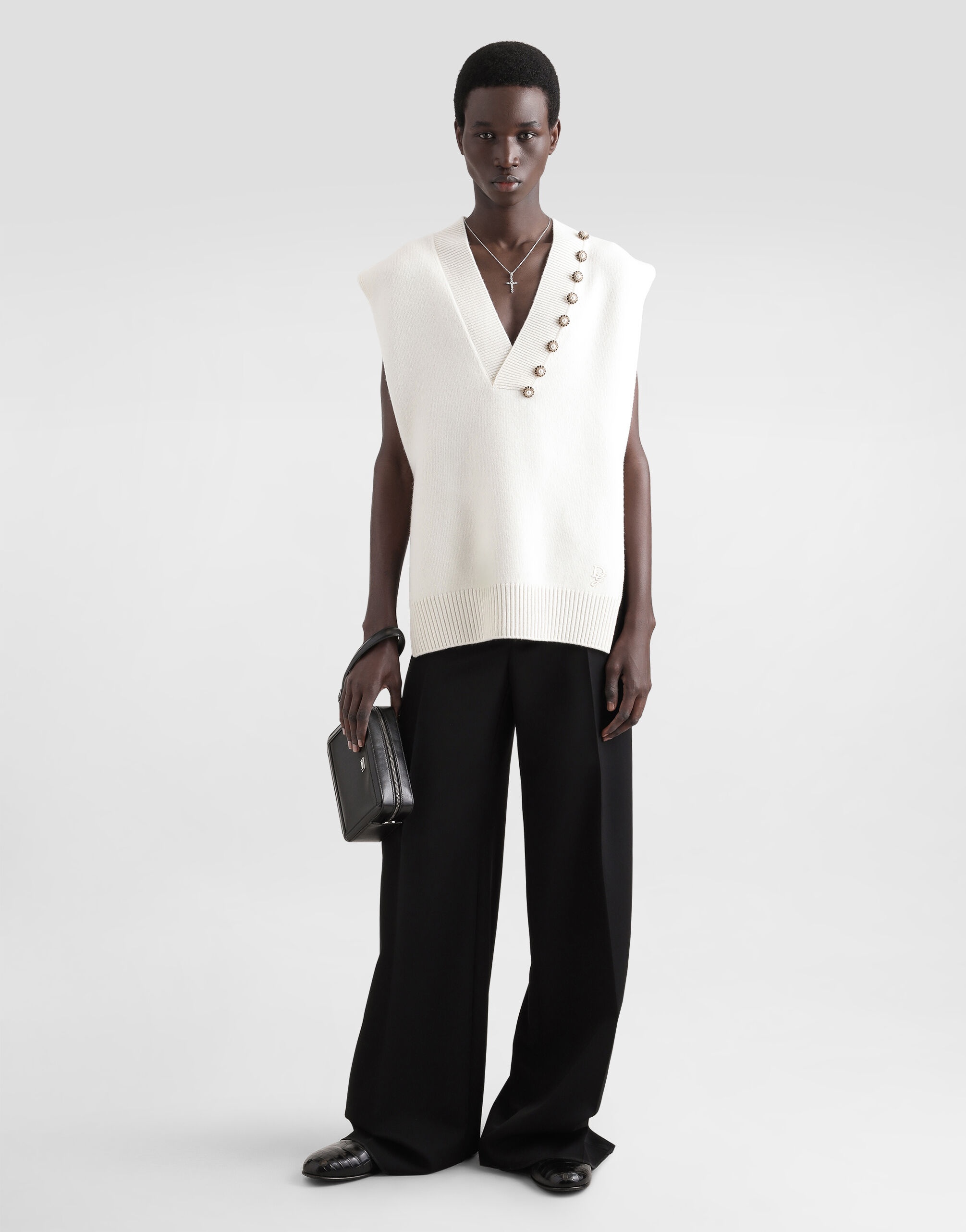 Wool V-neck vest with bejeweled buttons and DG embroidery - 2